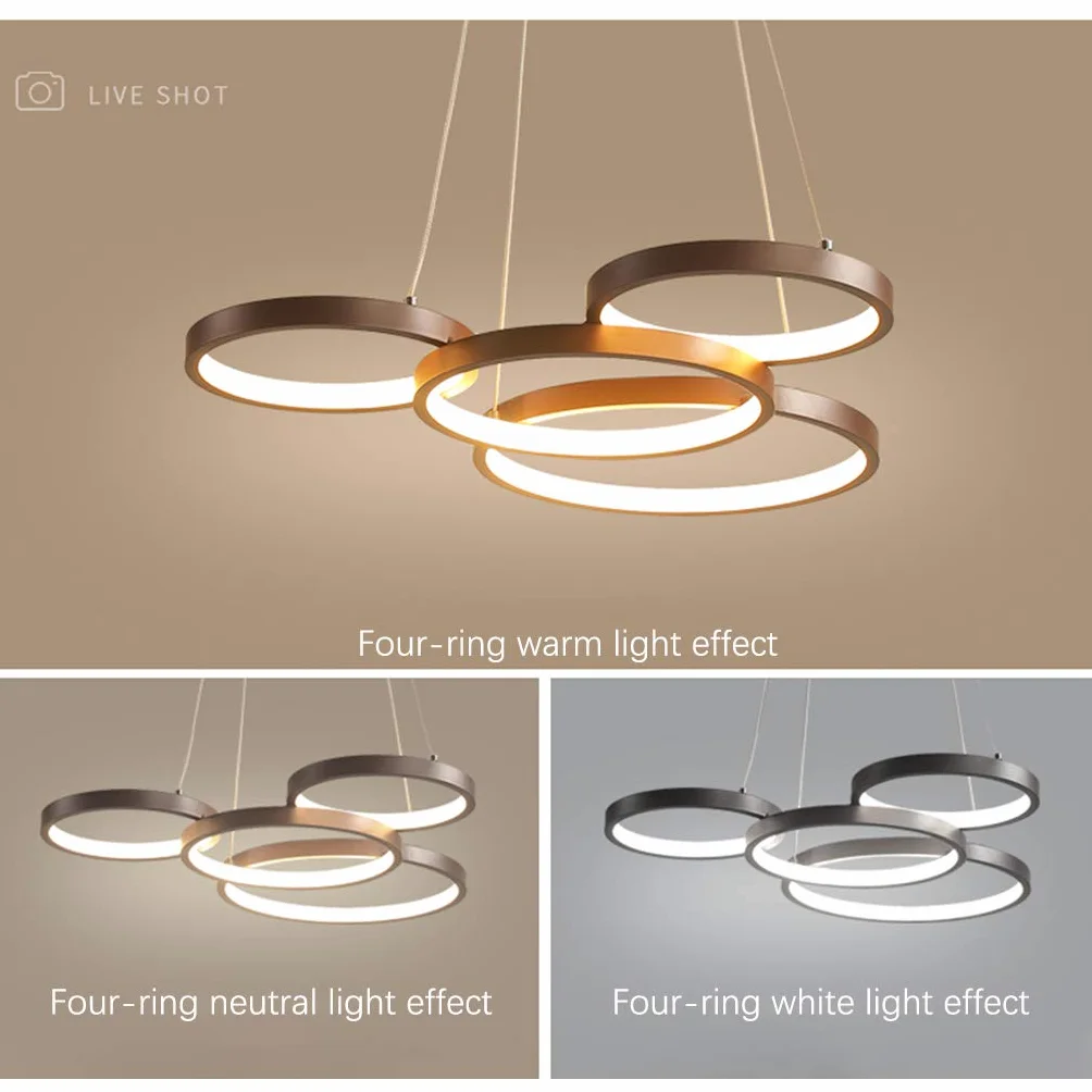 Nowoczesna lampa wisząca LED z pilotem zdalnego sterowania, przyciemniana, z regulacją wysokości, żyrandol do salonu, jadalni, biura, sypialni, lampa sufitowa, 60 x 48 cm, 42 W, cztery pierścienie