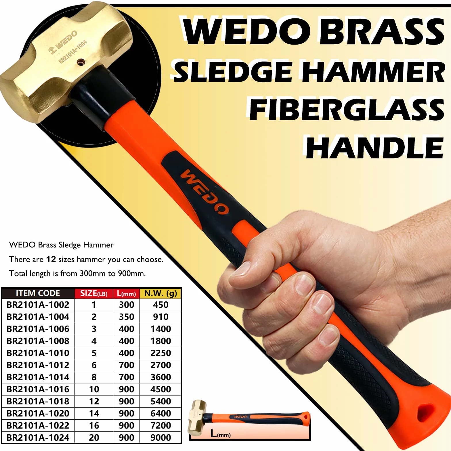 WEDO Mosiężny młot kowalski z uchwytem z włókna szklanego, niemagnetyczny, matrycowy, odporny na korozję, standard DIN, 0.9 kg, 350 mm, 35.6 cm