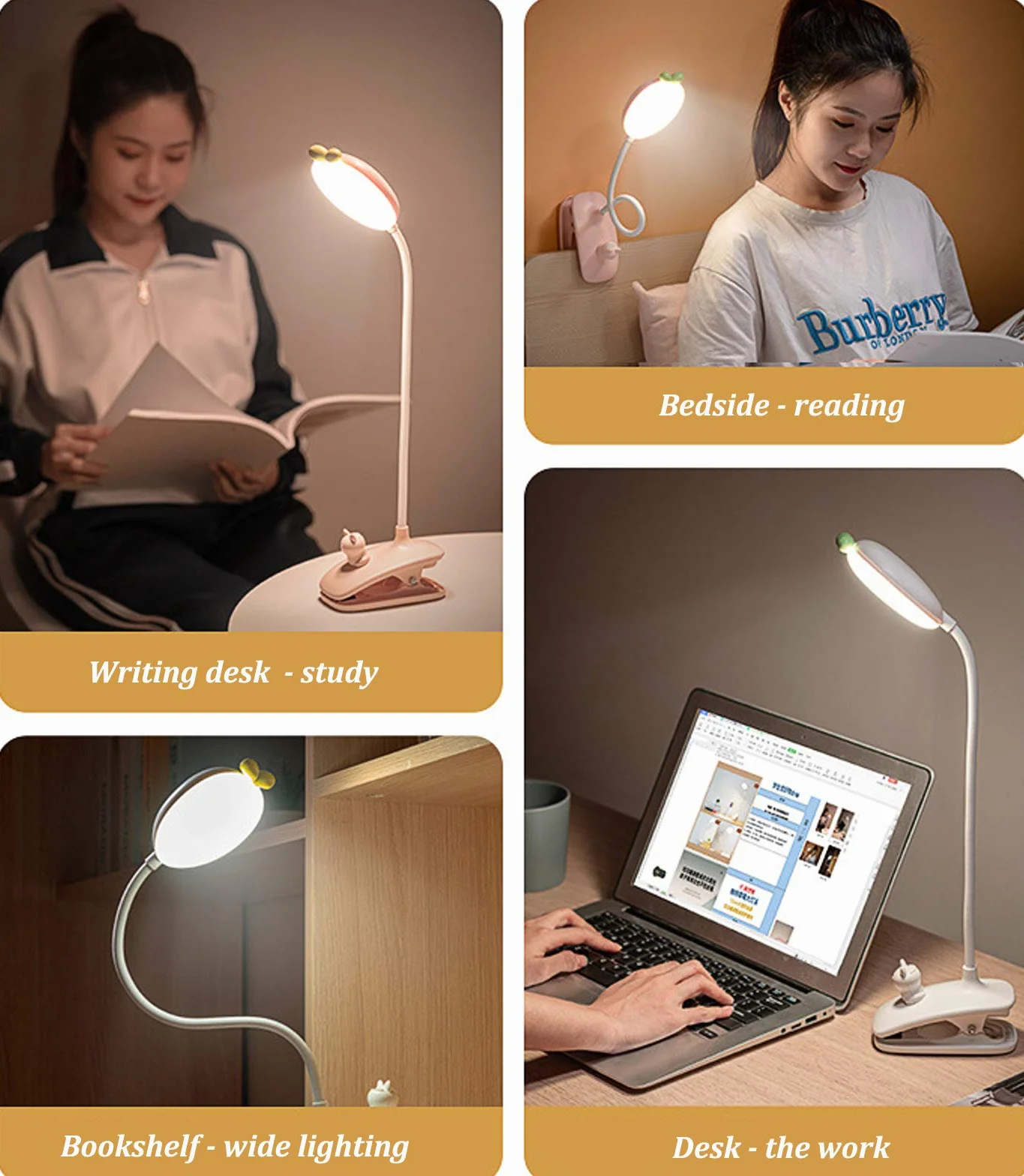 HKLY Lampka zaciskowa do łóżka dla dzieci, lampka do czytania, 42 diody LED, 360°, elastyczna, dotykowa, z przełącznikiem, 3 kolory, 5 ustawień jasności, ładowana USB, różowa