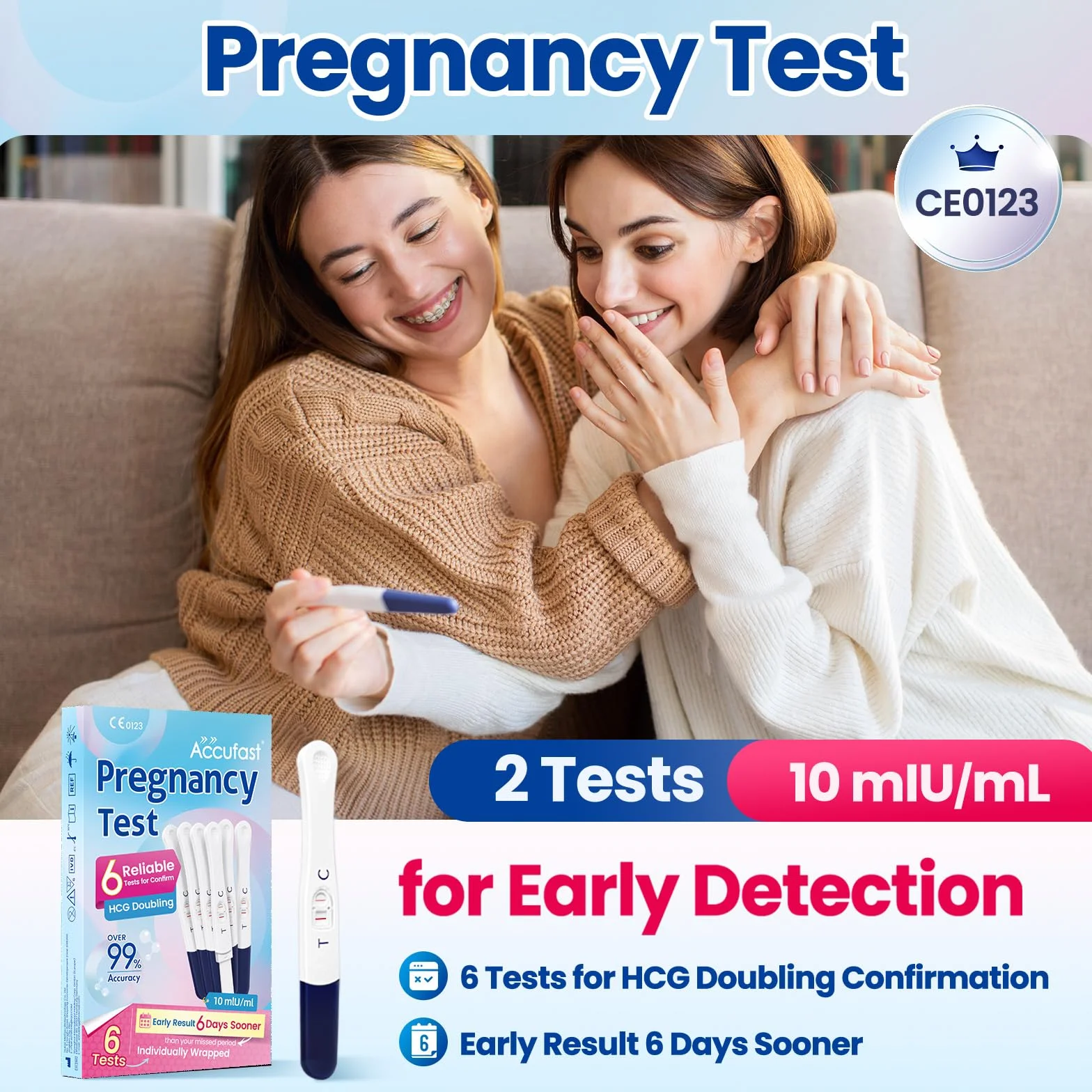6 x test ciążowy, test ciążowy, test wczesnej ciąży, szybki test ciążowy, test HCG, czułość 10 mIU, wynik w ciągu 40 sekund, 6 sztuk
