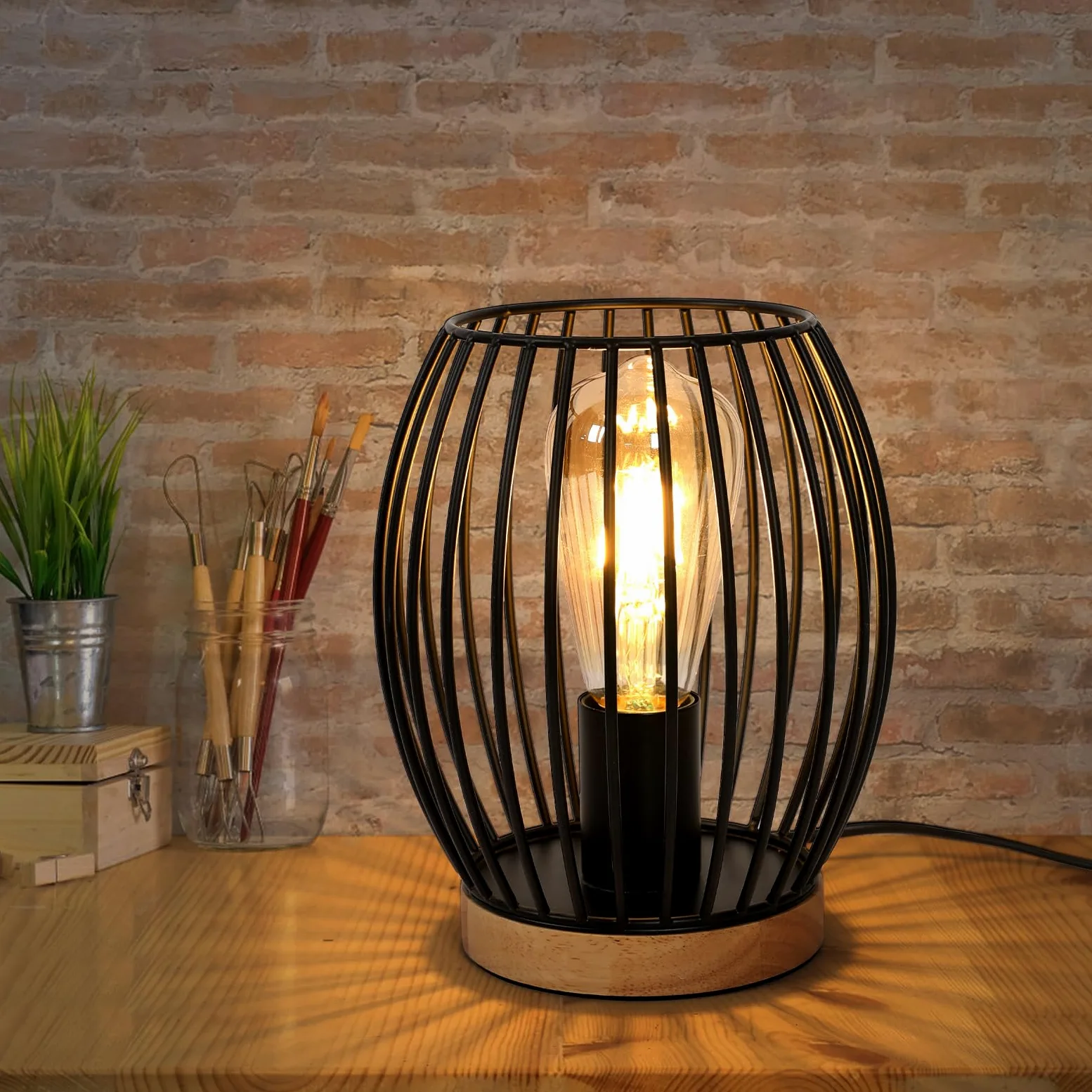 Comely Retro Lampa Biurkowa, Czarna Lampa Nocna Do Żarówki E27, Z Gniazdkiem I Przełącznikiem Do Sypialni Salonu Biura Kawiarni Baru (Bez Żarówki)