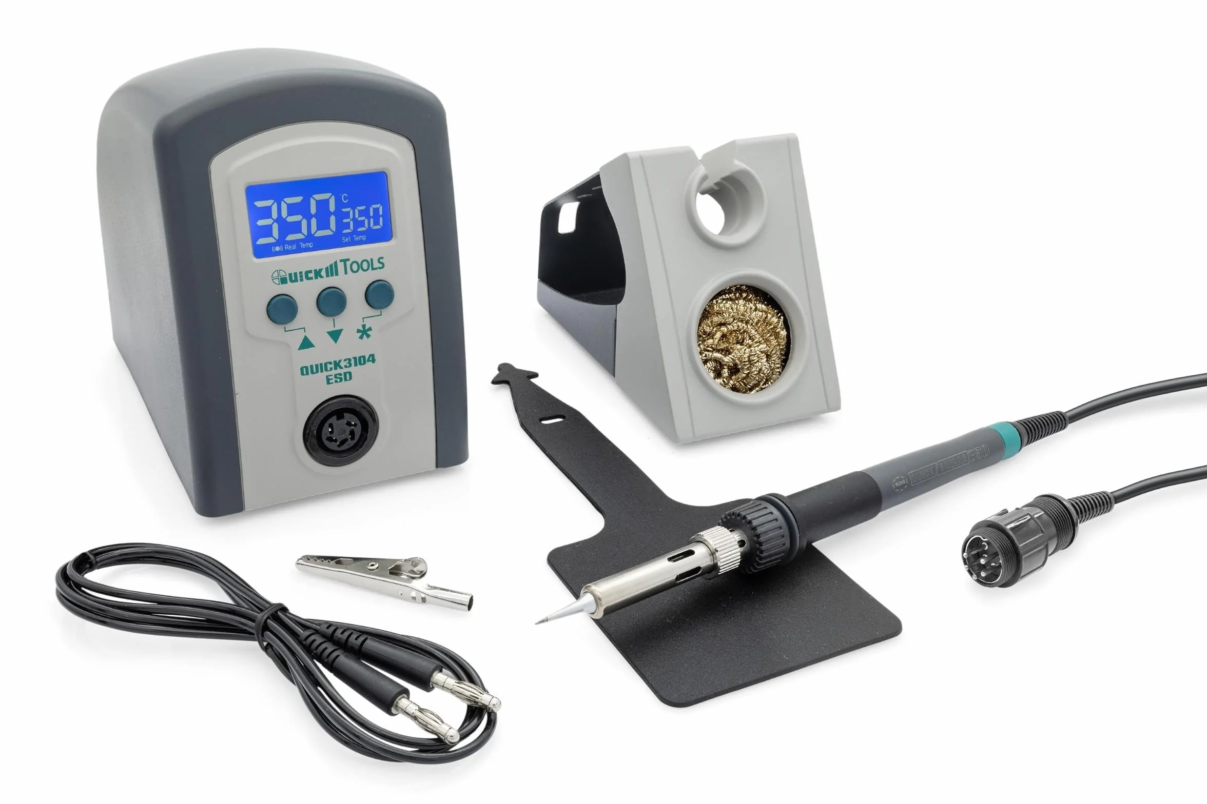QUICK 3104 cyfrowa stacja lutownicza ESD 80 W z lutownicą z końcówką lutowniczą 2 mm i akcesoriami – kalibracja 100° – 450°C – ochrona ESD