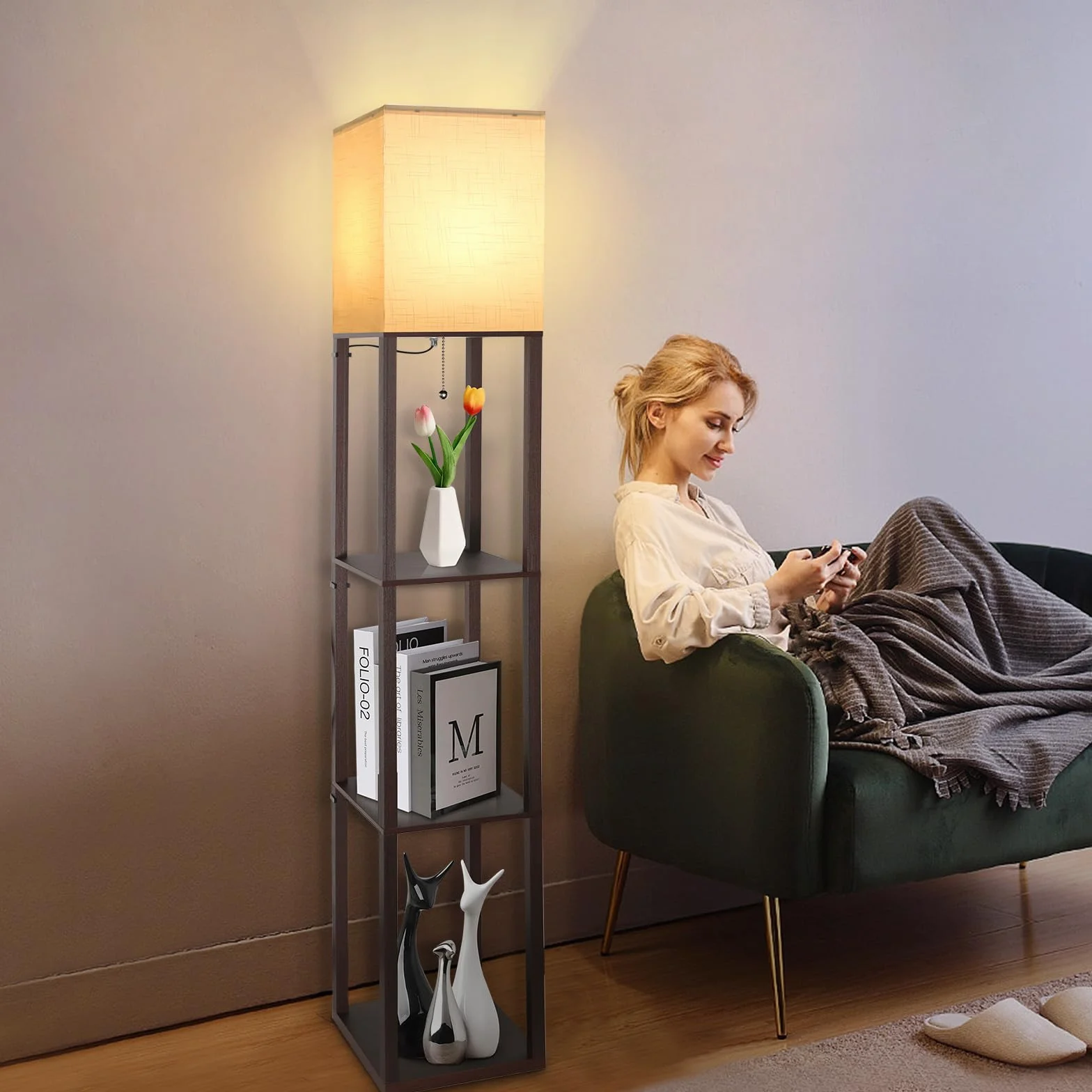Lampa stojąca LED z drewna, brązowa lampa stojąca z regałem, lampa stojąca z żarówką, 3 temperatury barwowe, retro, lampka nocna z abażurami i oprawą E27, do salonu, biura, korytarza, narożnika