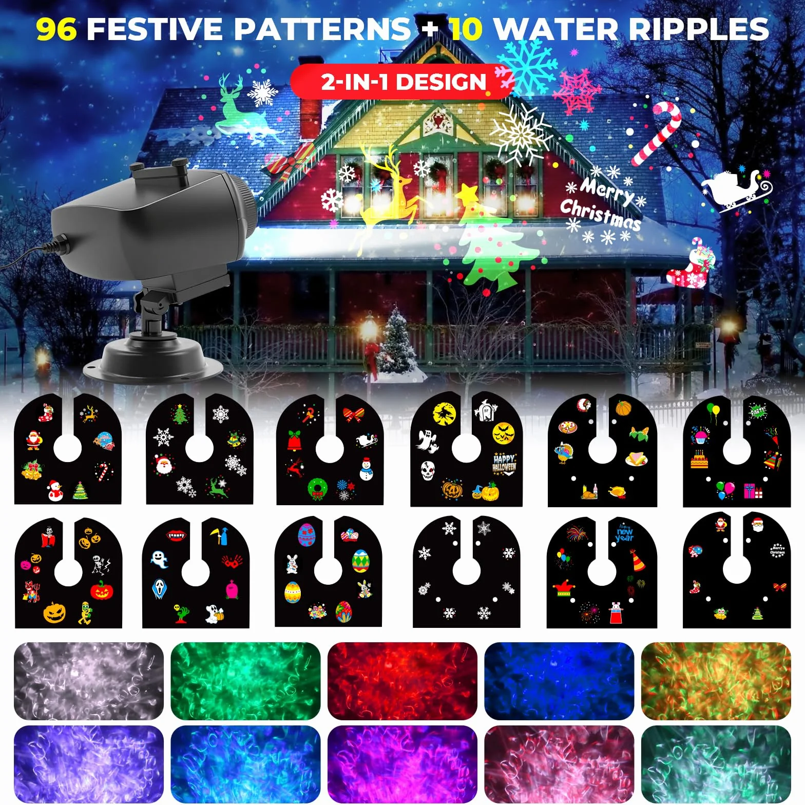 Projektor bożonarodzeniowy, wodoszczelny, IP44, 15 W, jasny efekt HD Ocean Wave Effect, 12 slajdów, 96 nieblaknących, na prezent, Halloween, Boże Narodzenie, dekoracja projektora LED