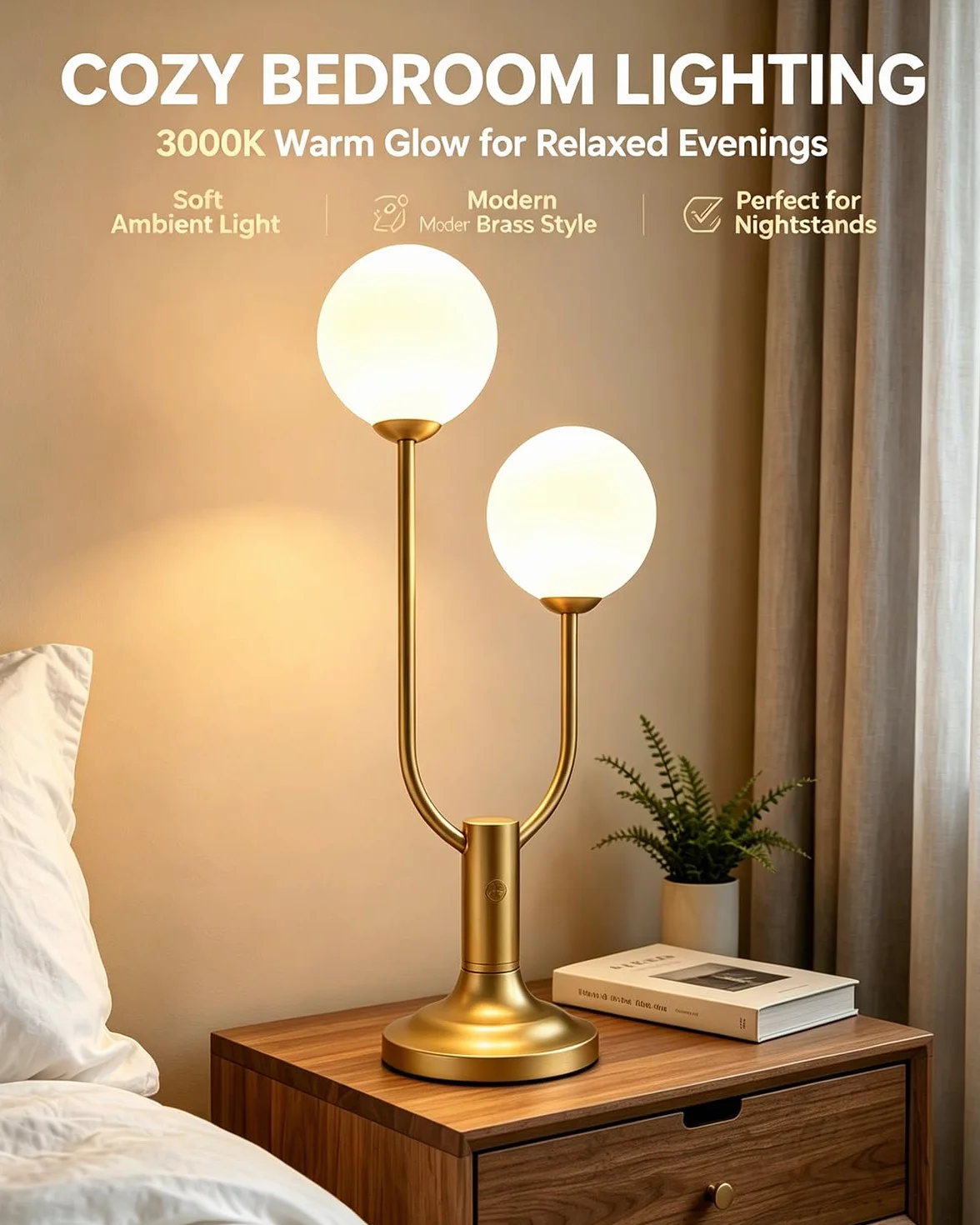 Lampa stołowa ze złotym globusem do sypialni, 2-lekka, z połowy wieku, nowoczesna lampa biurkowa do czytania, 3000 K, ciepła biel, ściemniane lampki nocne, lampa nocna (żarówka G9 w zestawie)