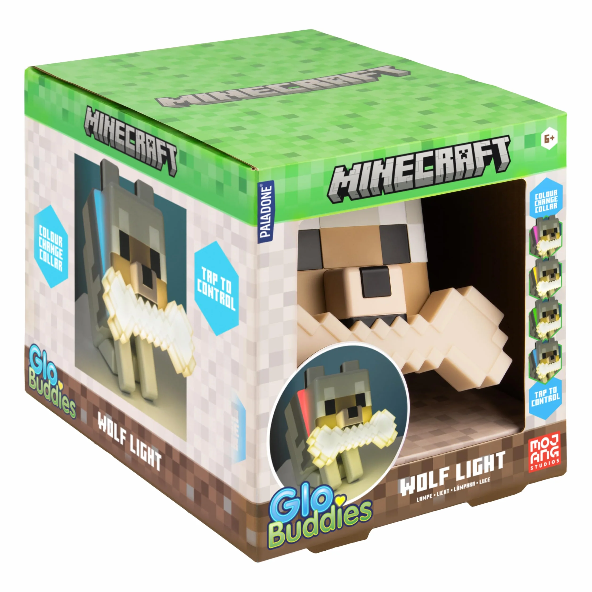 Paladone Minecraft Wolf GloBuddies 3D zmieniające kolor światła, oficjalnie licencjonowana lampka nocna LED, dotknij, aby zmienić kolor, towar do gier, zasilanie bateryjne