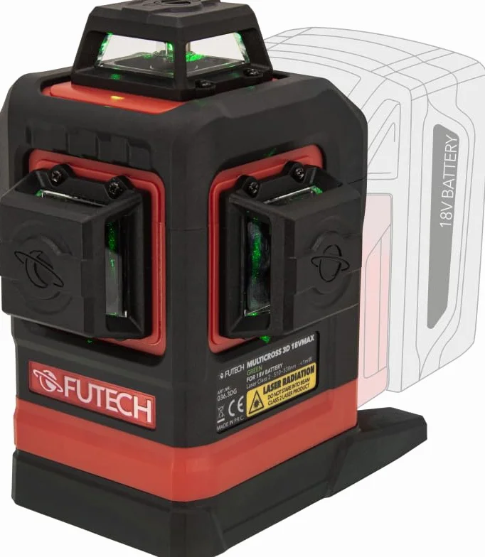 Futech Laser liniowy 3D 18 V MAX 360°, kompatybilny z akumulatorami Milwaukee, Makita, Bosch, Metabo, Hikoki, Dewalt i Festool, zdejmowany adapter akumulatora, poziome i 2 pionowe linie