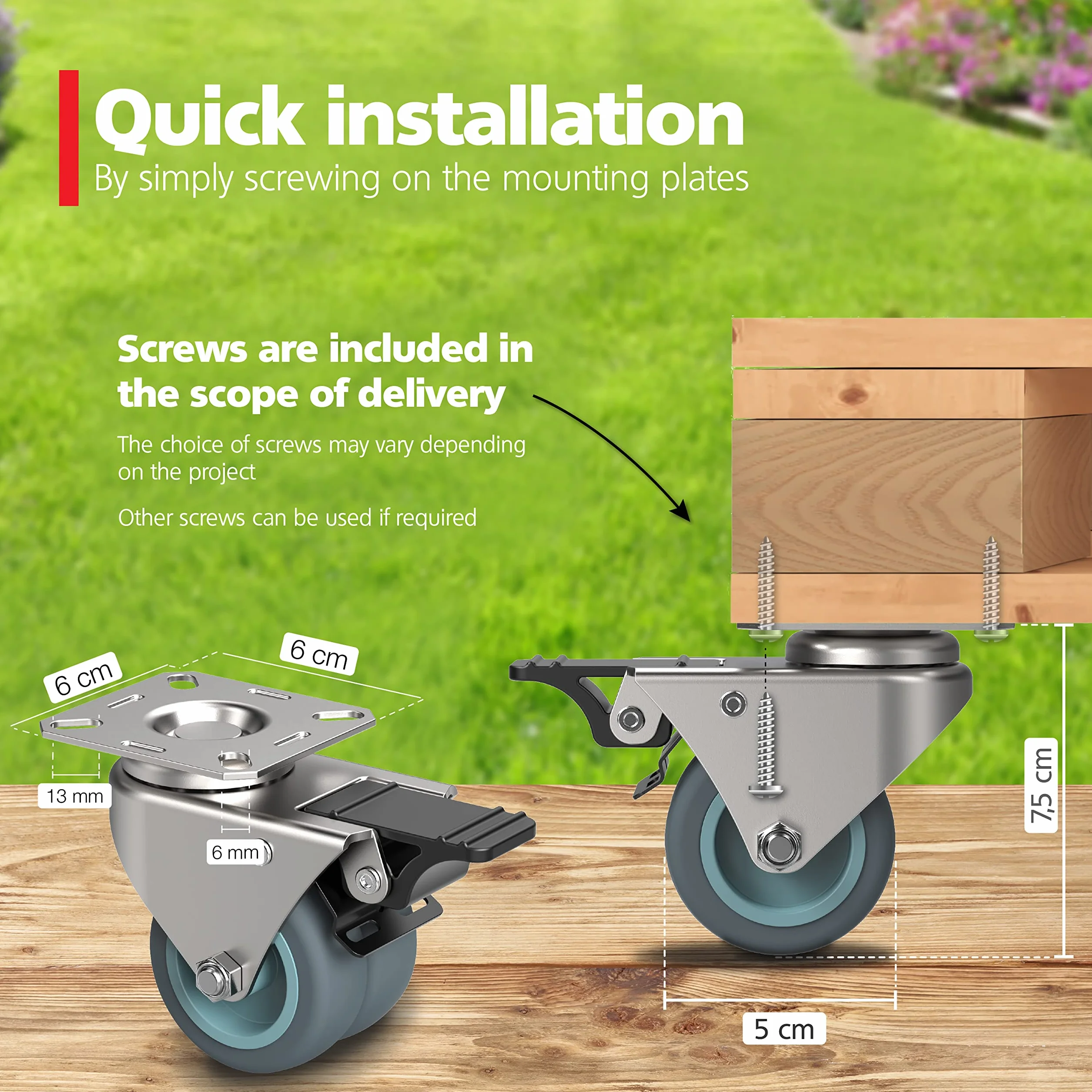RAVN HAMAN 4X Heavy Duty Castor Wheels 50mm - Trolley Furniture Swivel Casters with Brake - Grass and Sand Suitable - 75mm Total Height - Industrial Castors up to 400kg