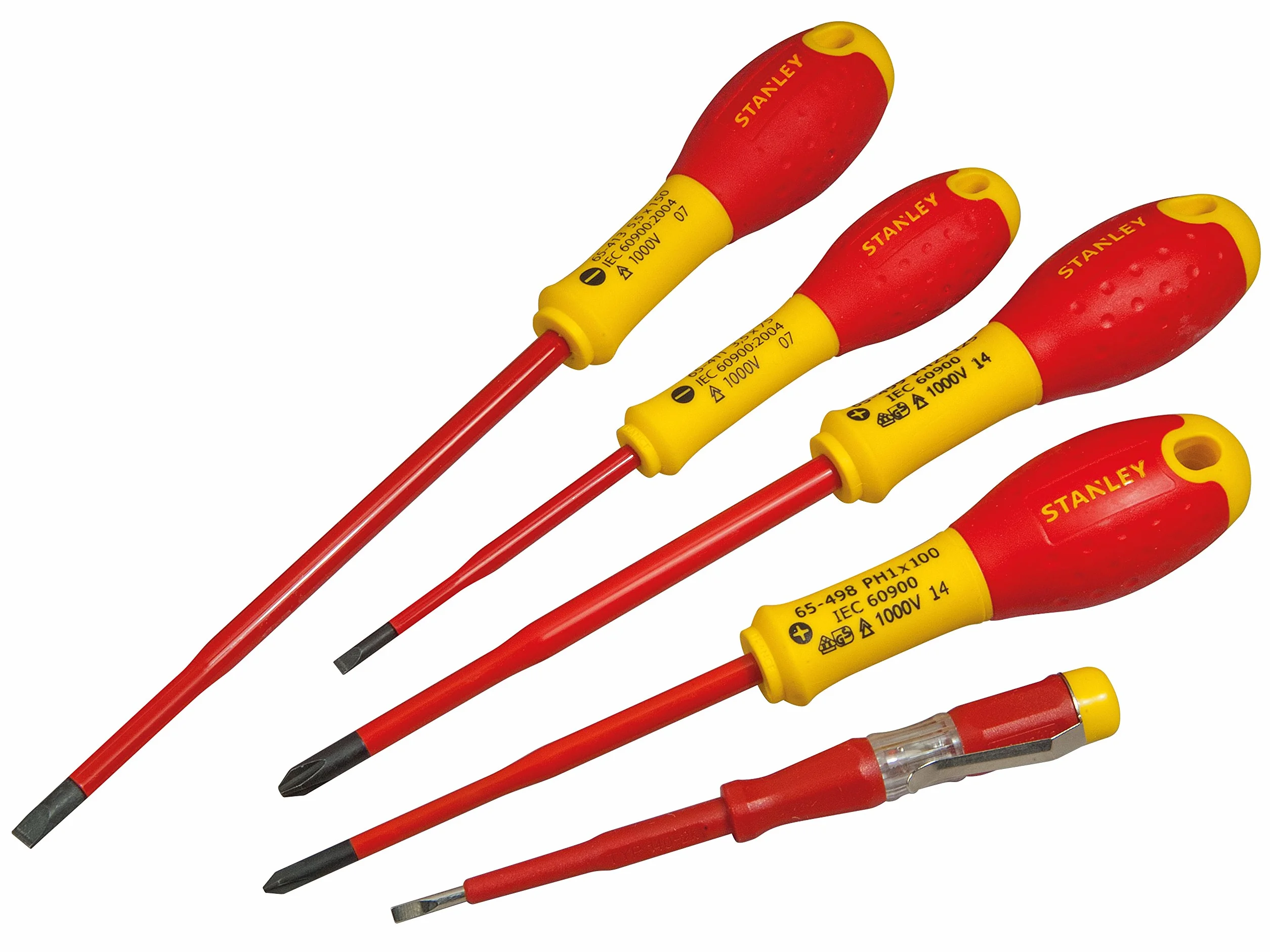 STANLEY XTHT0-62694 Juego 5 destornilladores FatMax VDE z redukcyjną końcówką, elektryk 3,5100 mm, 5,5 x 125 mm; Borneo Pz1x100mm, Borneo Pz2x125mm, Test de Voltaje