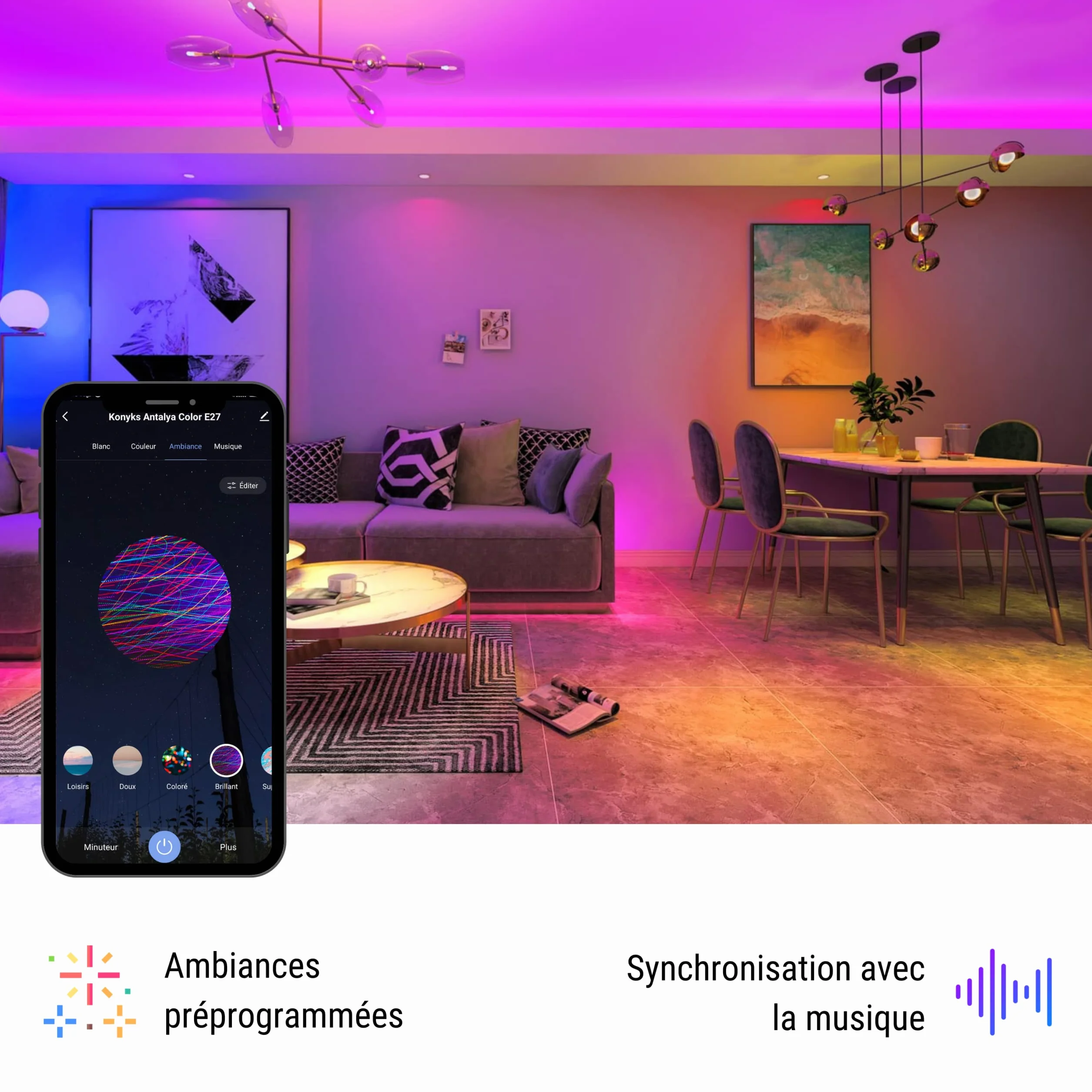 Konyks Antalya Color E27 - LED WiFI + BT, 1055 lumenów, 11 W, kolory + regulowany biały, kompatybilny z Alexa lub Google Home, łatwa automatyzacja