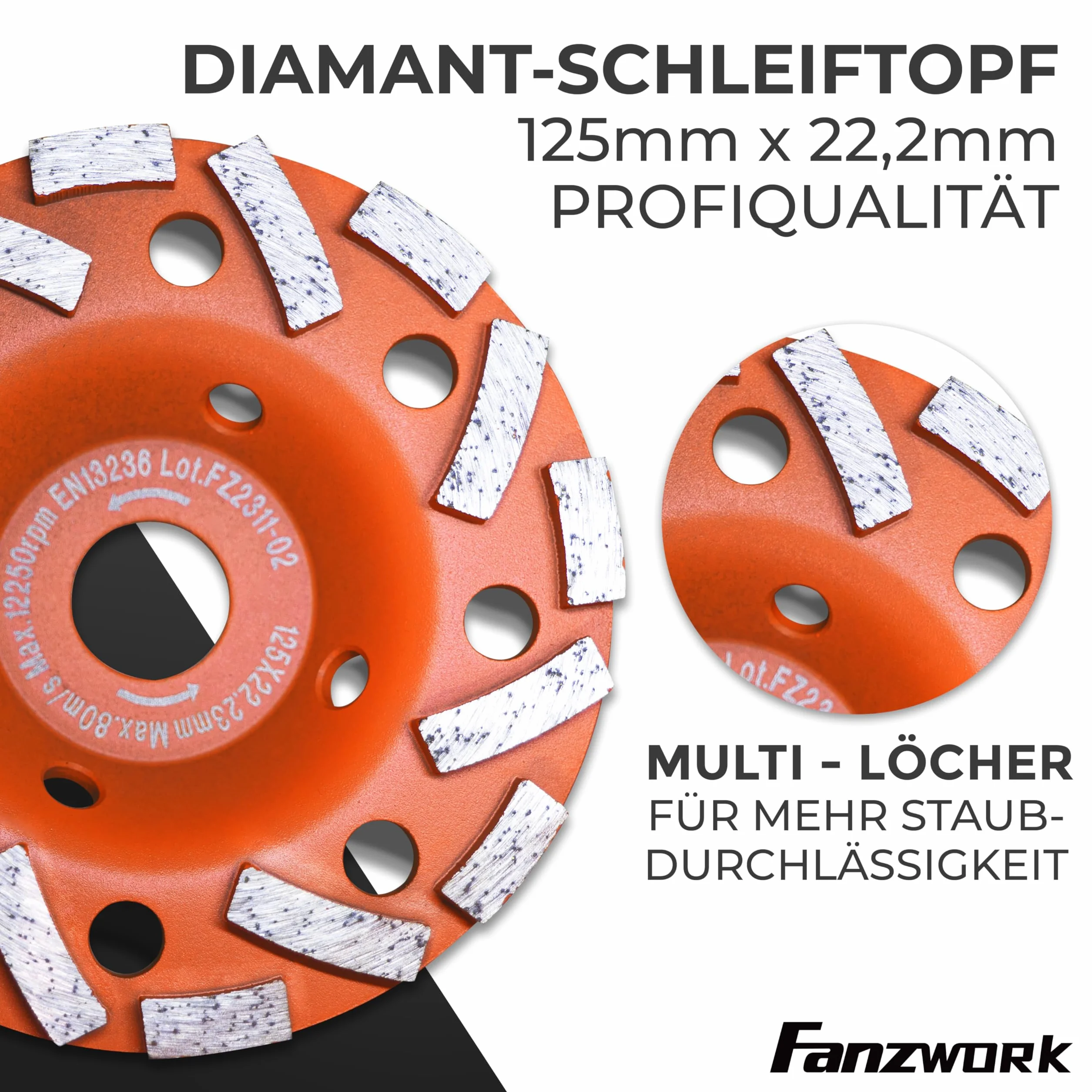 FANZWORK Osłona Ssąca do szlifierki Kątowej z Tarczą Diamentową 125 mm, Wymienne Szczotki, Kompatybilny w 99% Uniwersalny Kształt, Wzmocniony Pierścień Adaptera, Adapter M14