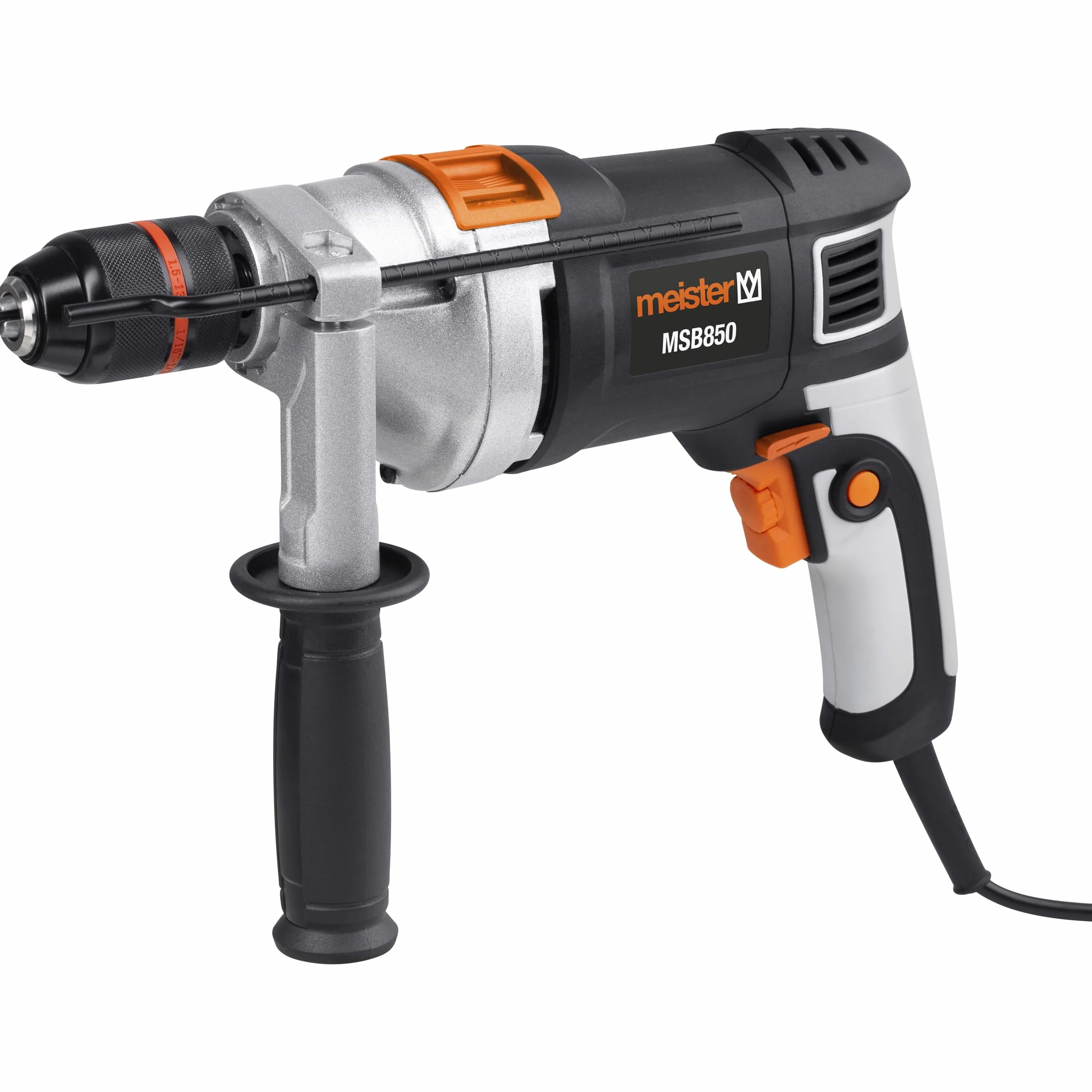 Meister Wiertarka udarowa 850 W, MSB850, szybkozaciskowy uchwyt wiertarski, wybór prędkości obrotowej, dodatkowy uchwyt i ogranicznik głębokości, wiertarka udarowa, wiertło udarowe do drewna, metalu i