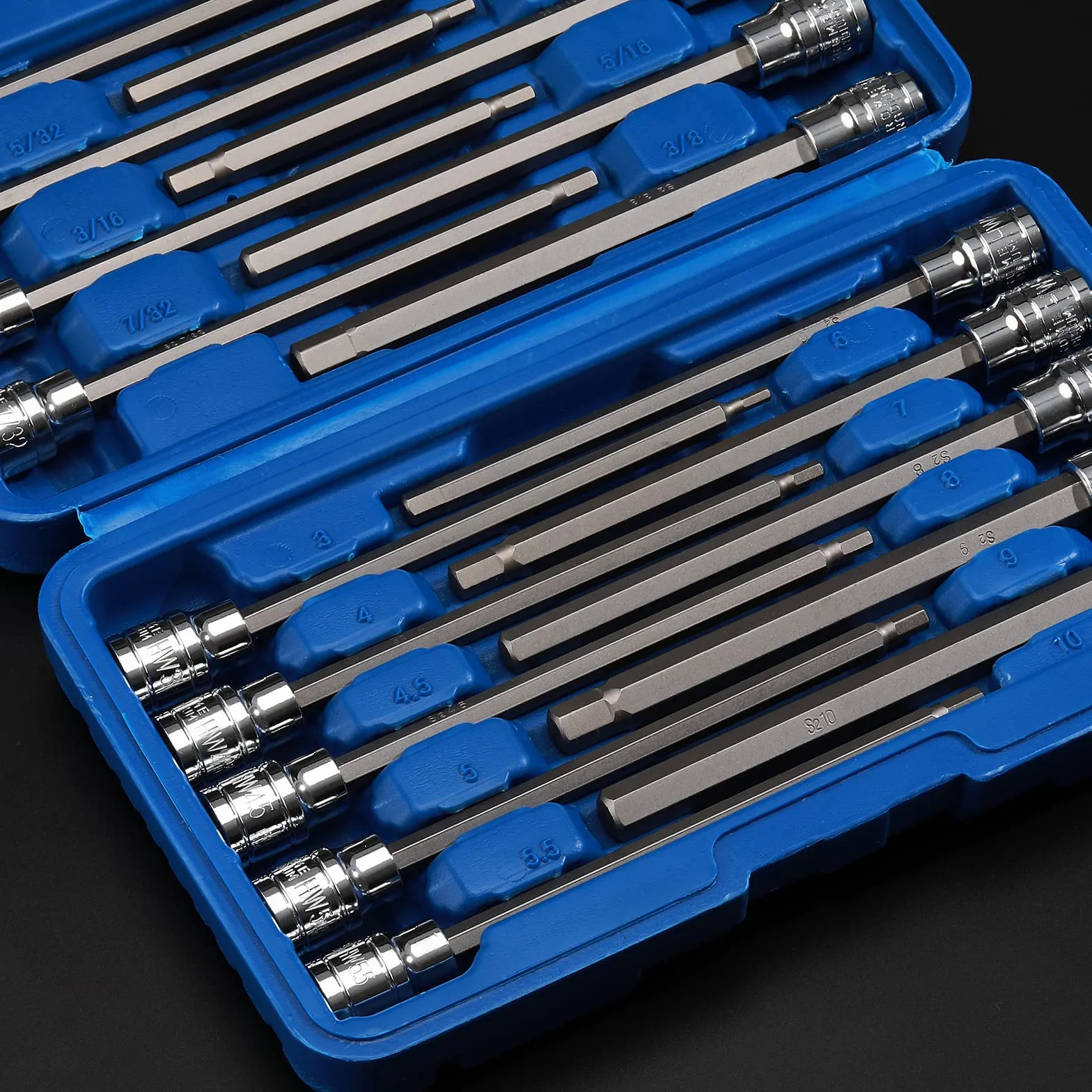 Mayouko Zestaw nasadek sześciokątnych 3/8", S2&CR-V, Metreic&SAE, 18 sztuk, 1/8" - 3/8", 3 - 10 mm