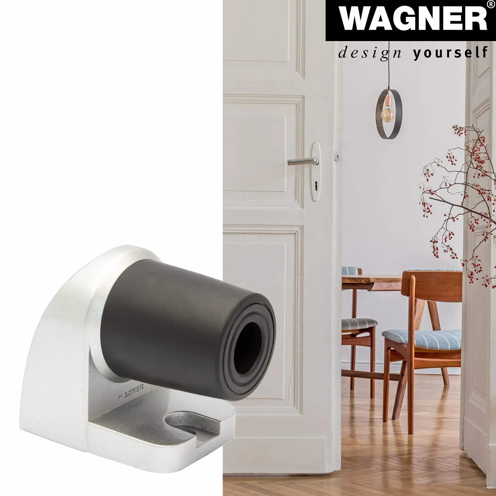 WAGNER Stoper do drzwi podłogowych HOOK - 60 x 40 x 50 mm, odlew ciśnieniowy cynku o wyglądzie aluminium, bufor kauczuku termoplastycznego, czarny, do wkręcania wraz z materiałem montażowym - 15500011