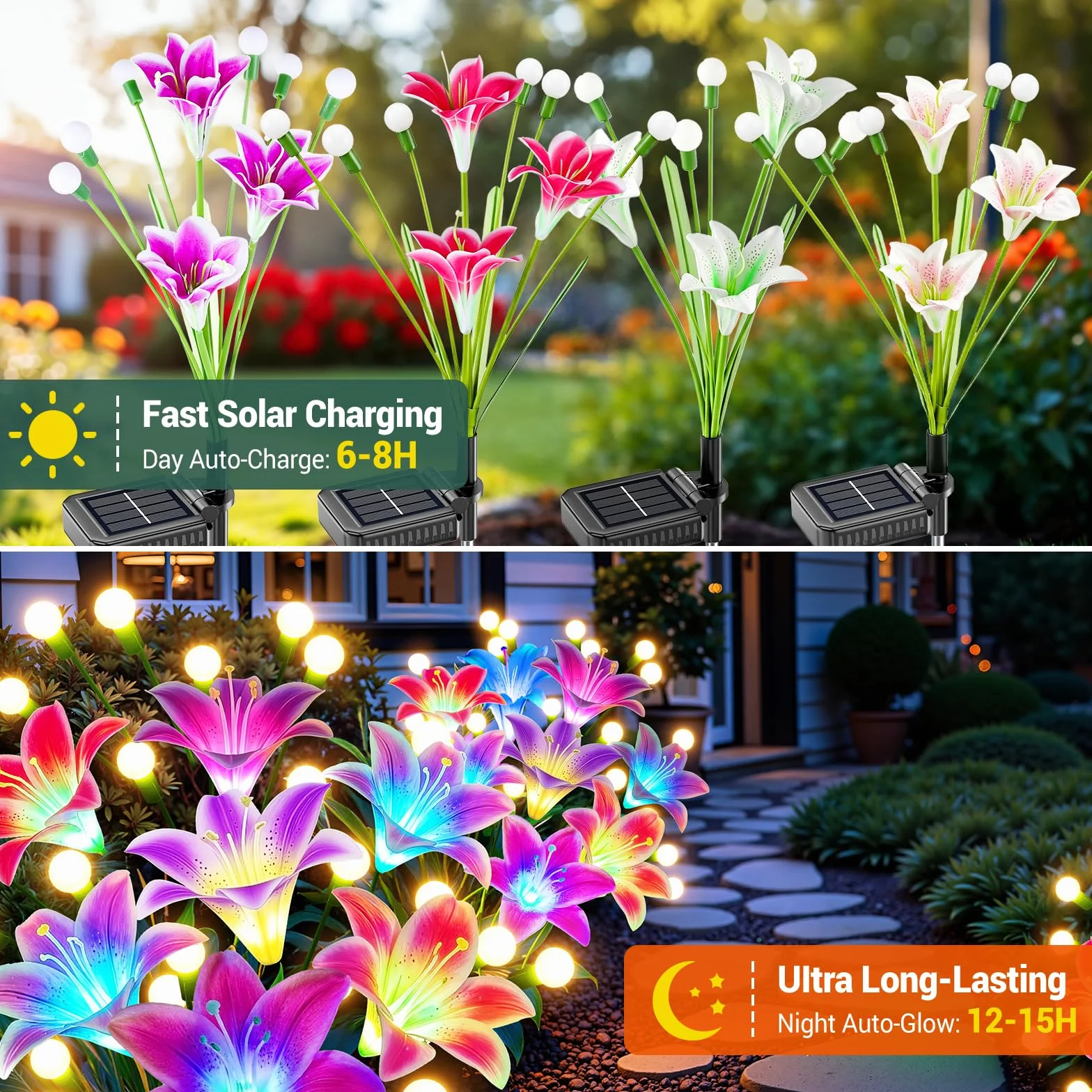 BUCASA Lampy solarne Firefly do ogrodu na zewnątrz, 4 szt. 36 diod LED, jasne lampy solarne do użytku na zewnątrz z ciepłymi, białymi świetlikami i wielokolorowymi kwiatami lilii, ulepszone, kołyszące