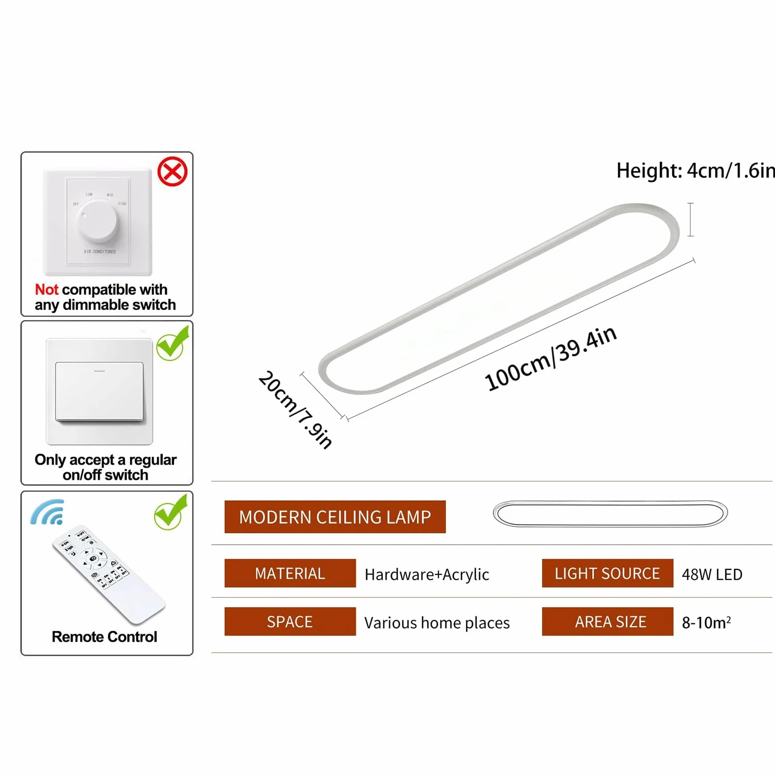 Oninio Lampa sufitowa LED, długie lampy sufitowe z możliwością przyciemniania Ultracienkie nowoczesne lampy sufitowe do sypialni, szafek kuchennych, przedpokoju (białe)