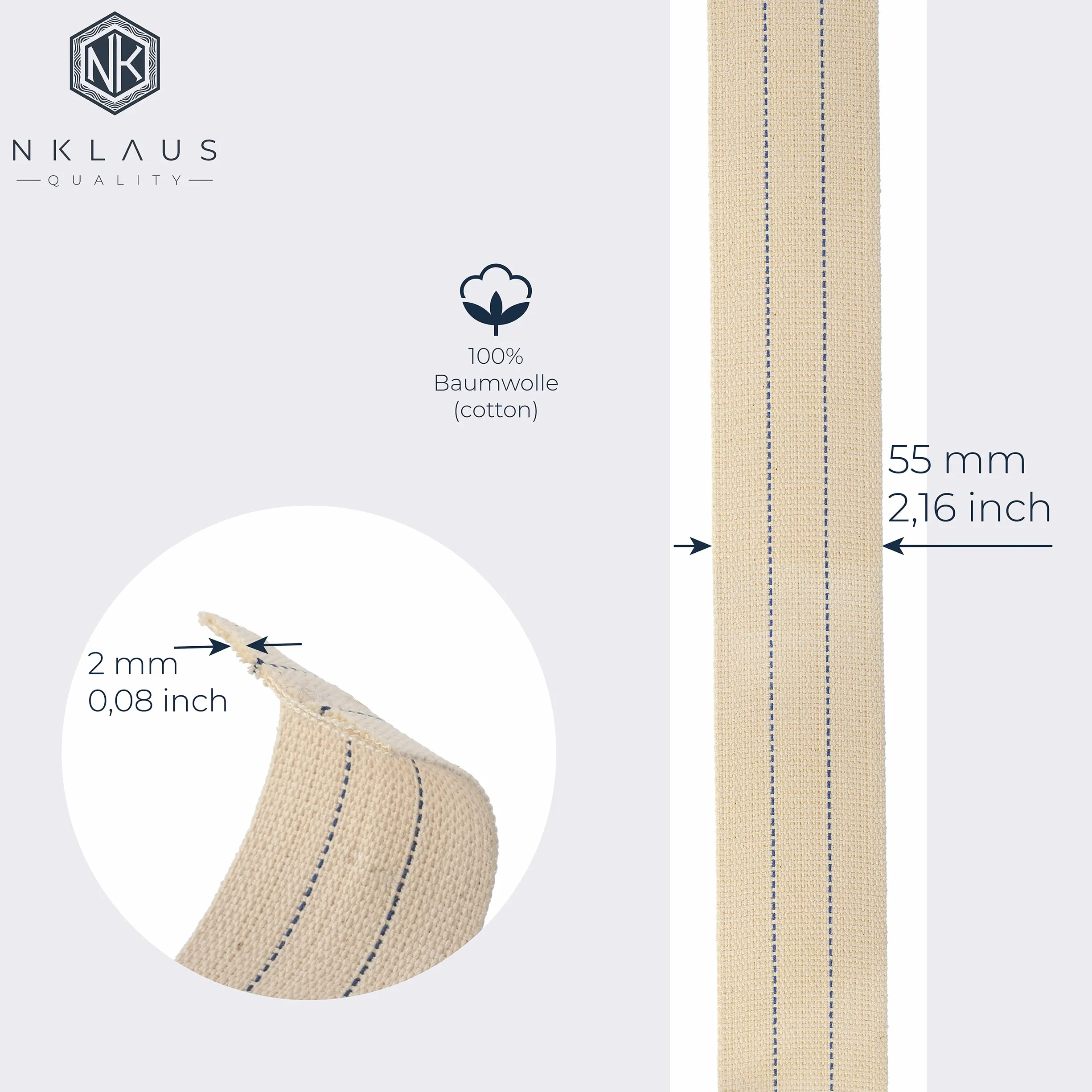 NKlaus 1 metr 55 mm 100% naturalna bawełna knot do lampy, płaski knot do latarni do palników olejowych, lampa olejowa z oczyszczoną naftą 1307