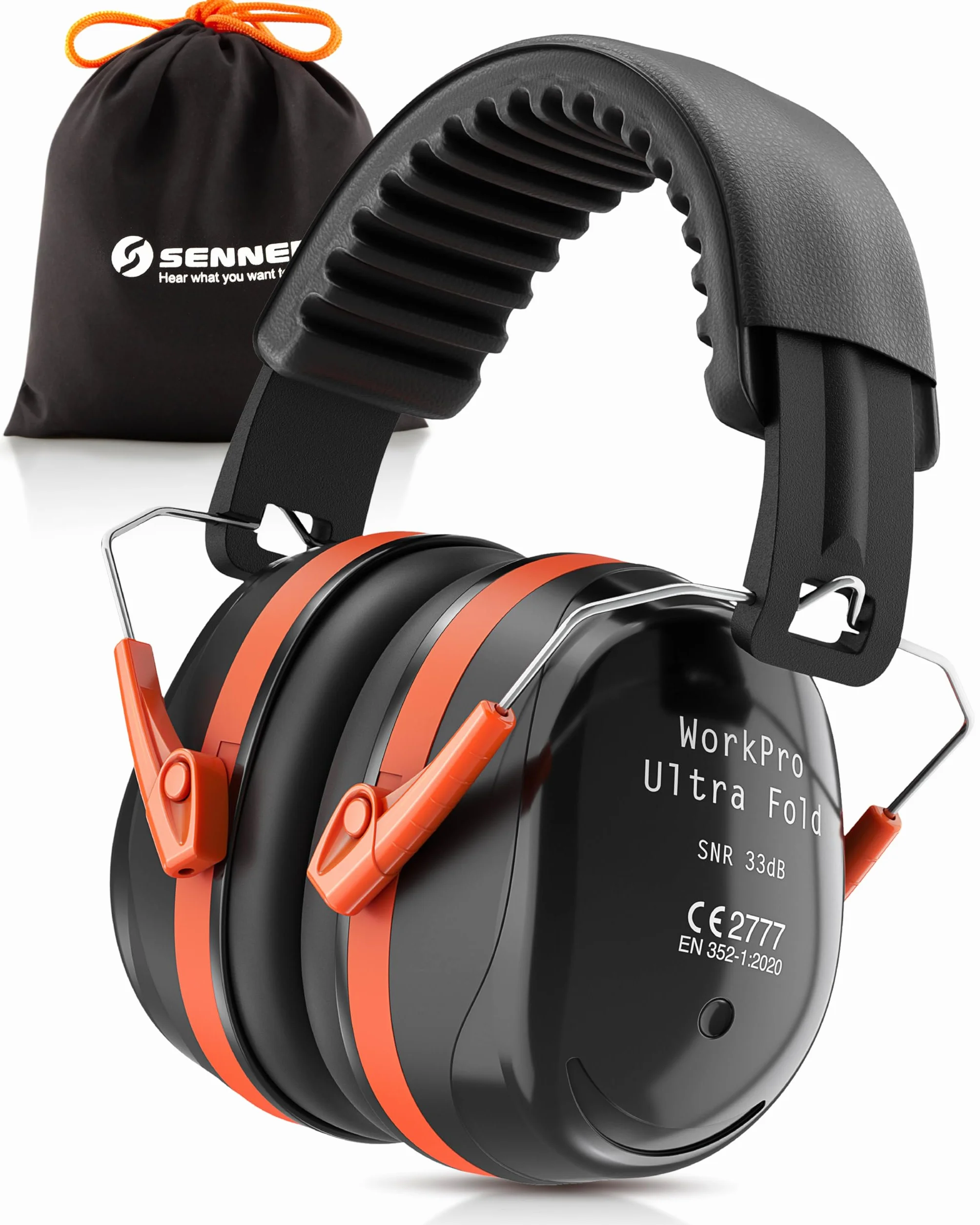 Senner ® WorkPro Ultra Fold | Nauszniki ochronne do pracy i na co dzień – Regulowane słuchawki ochronne z redukcją szumów, SNR 33 dB, składane, czarne/pomarańczowe, certyfikowane CE