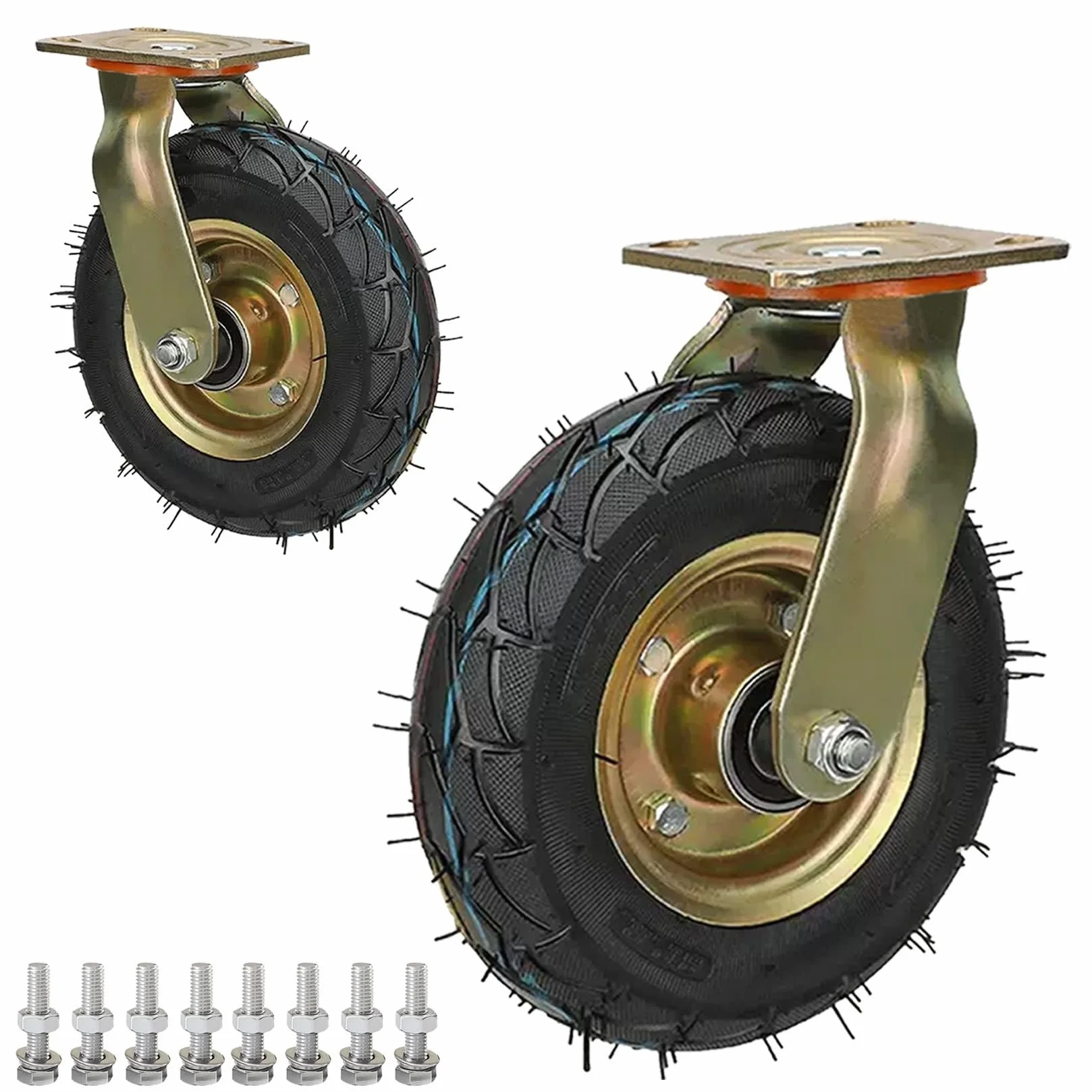 Zestaw kółek do dużych obciążeń 2 stałych hamulców obrotowych 8/10 cali Pneumatyczne gumowe kółko Udźwig 250 funtów(Swivel,Ø200mm/8in)