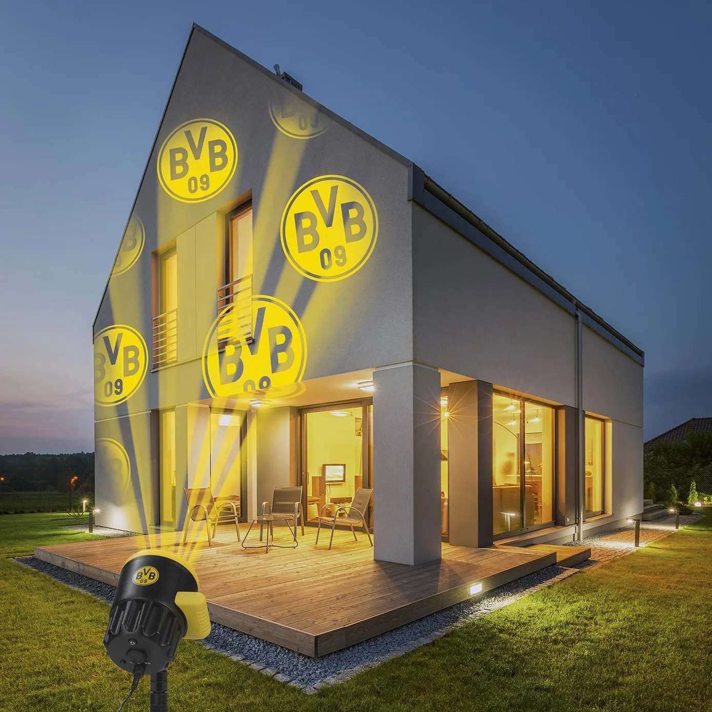 Borussia Dortmund Projektor logo, artykuł dla fanów | reflektor LED z motywem BVB | oświetlenie do Borussia Dortmund Supporter (żółty/czarny)