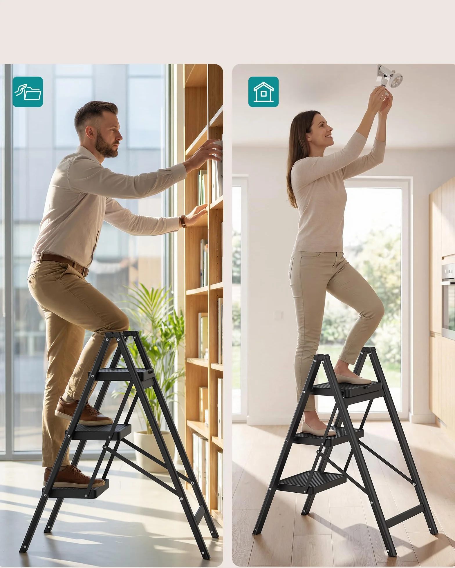 SONGMICS składana drabina schodkowa, 3-stopniowa, udźwig do 150 kg, drabina stalowa, łatwa do przechowywania, do domu i biura, czarna, 73,5 x 43,4 x 85,5 cm GSL103BZ01