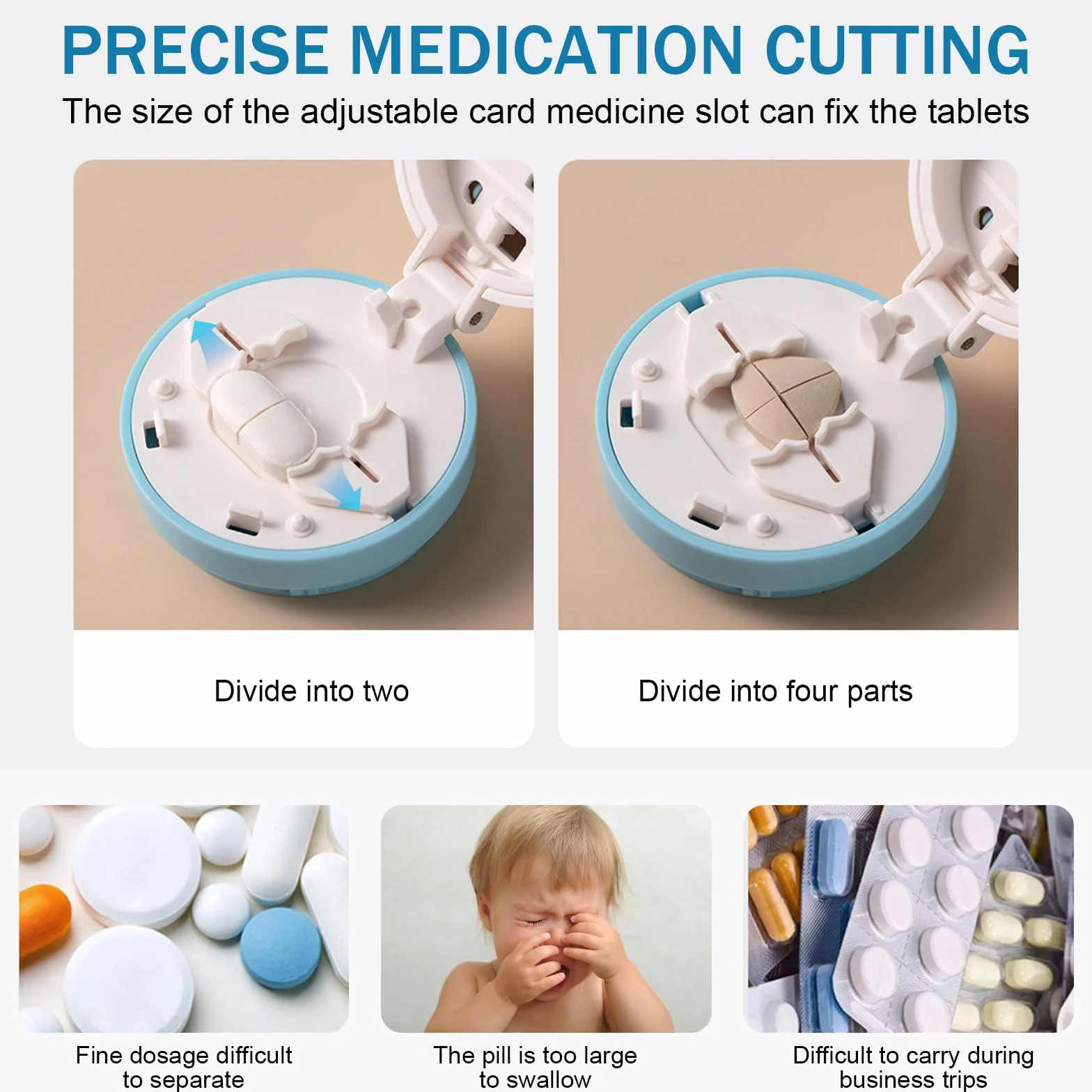 Przenośny obcinacz do tabletek, rozdzielacz PVC, nóż z arkuszem, separator 1 na 2 i 4