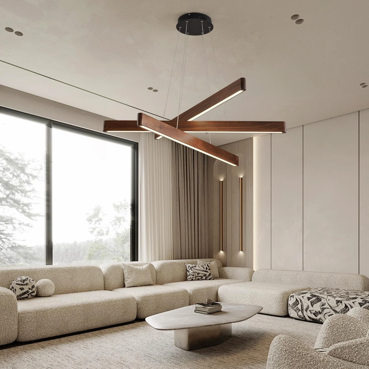 YISDESIGN 3-świetlna liniowa lampa wisząca do jadalni nowoczesne żyrandole LED do salonu ściemniana drewniana lampa sufitowa wisząca 45 W do salonu jadalni kuchni wyspy kolor orzecha włoskiego