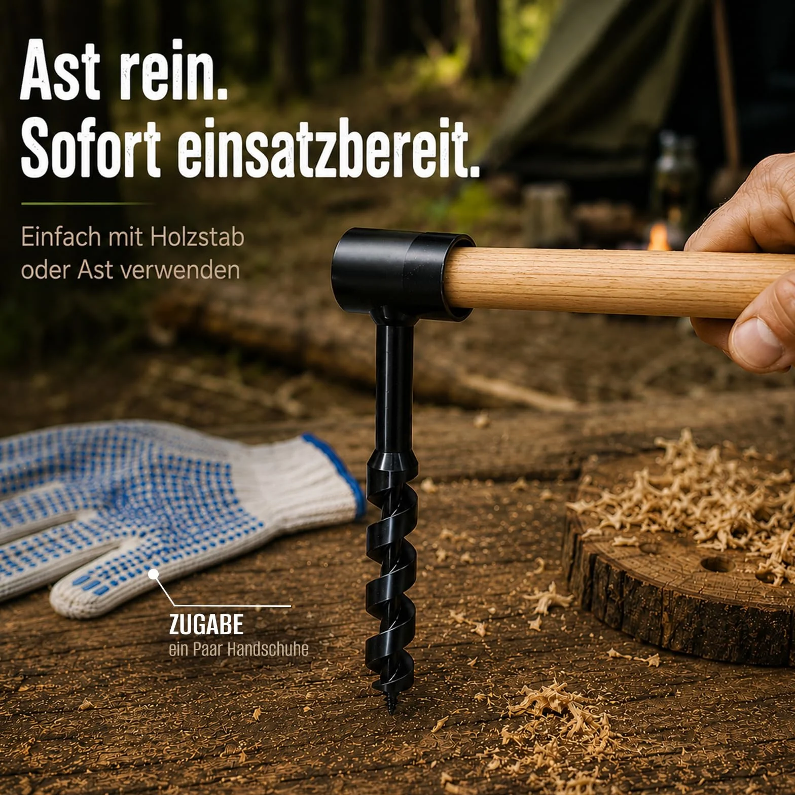 Bushcraft 4-częściowy zestaw wierteł ręcznych do drewna z drewnianym drążkiem, do obróbki drewna, do survivalu na świeżym powietrzu, na kemping, do pracy