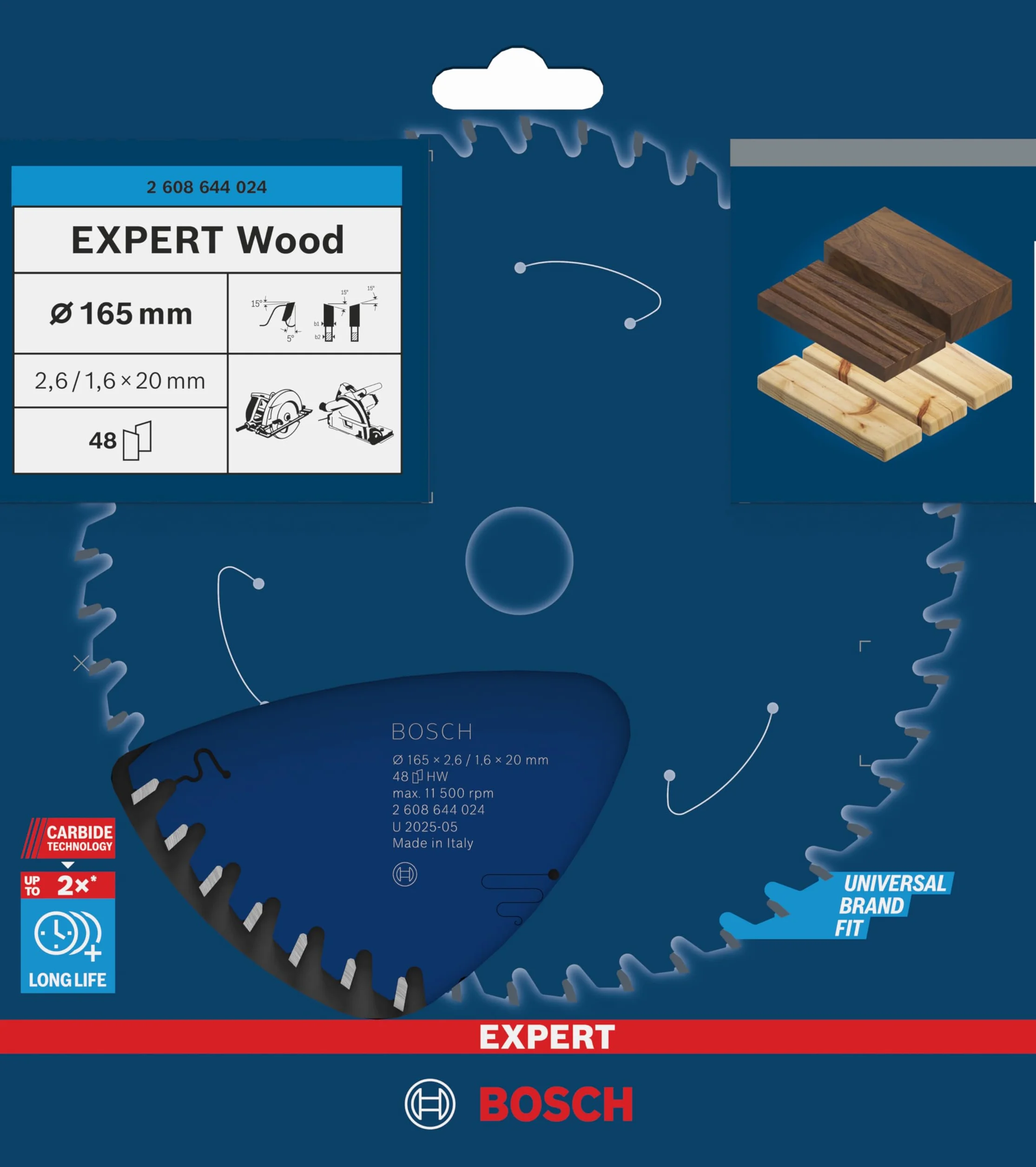 Bosch Professional Brzeszczot do piły tarczowej Expert do drewna (drewno, 165 x 20 x 2,6 mm, 48 zębów, akcesoria do piły tarczowej)
