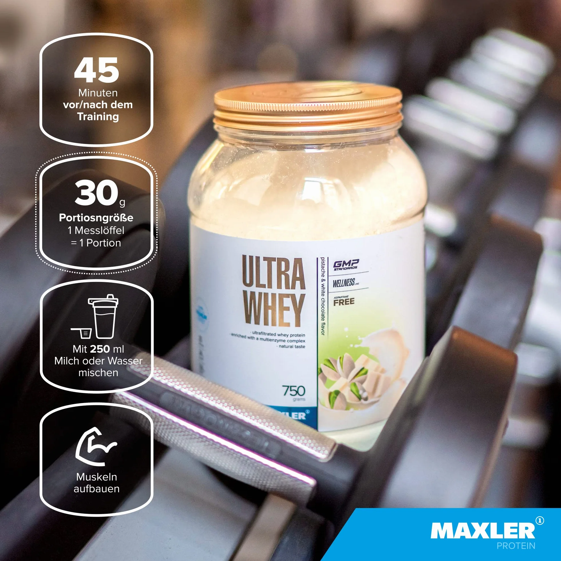 Maxler Ultra Whey Protein - 23 g białka w porcji - Pure Whey Protein Powder - Koncentrat białka serwatki, Izolat białka serwatki, Hydrolizat białka serwatki - Z BCAA - Lody waniliowe - 750g