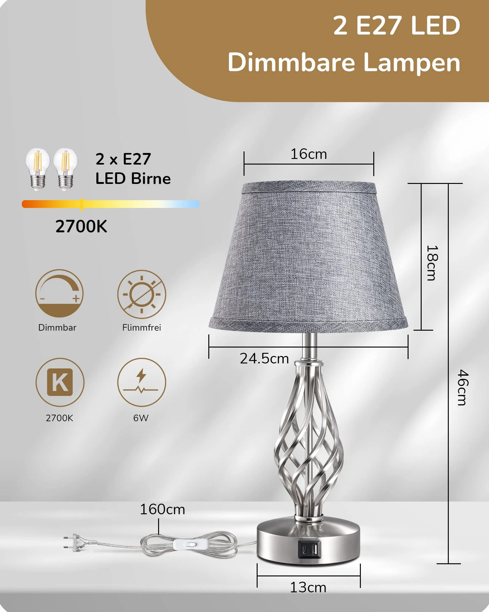 EDISHINE Lampka nocna LED, dotykowa, ściemniana, zestaw 2 szt., nowoczesna lampa stołowa z funkcją ładowania, 2 porty USB, do dekoracji sypialni, salonu, na parapet, prezent, abażur lniany, szara