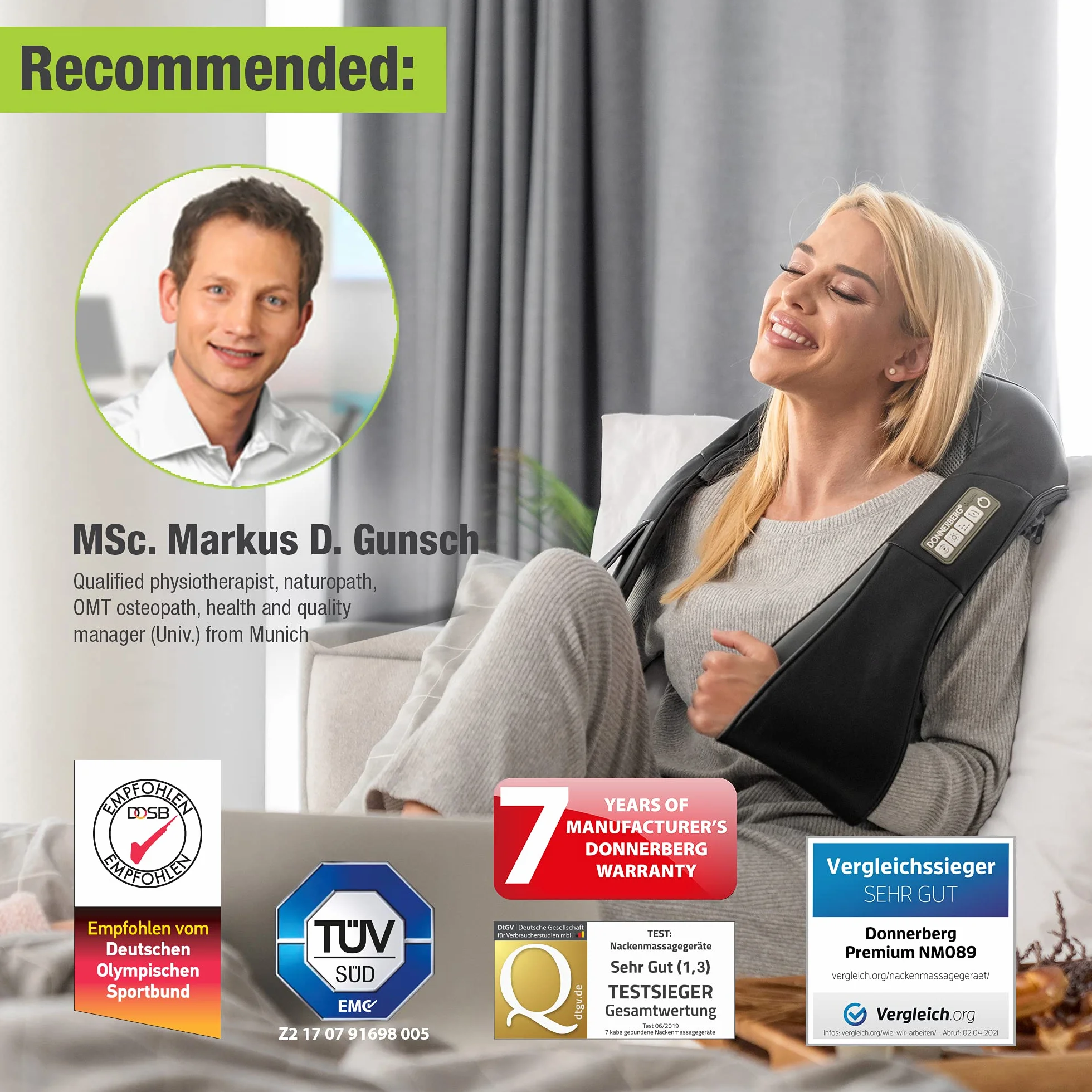 Donnerberg masażer Shiatsu do pleców i ramion. Niemiecka marka. Dogłębny masaż oklepujący. Poduszka z masażerem, z funkcją grzania i wibracjami mięśni, ulga w bólu.