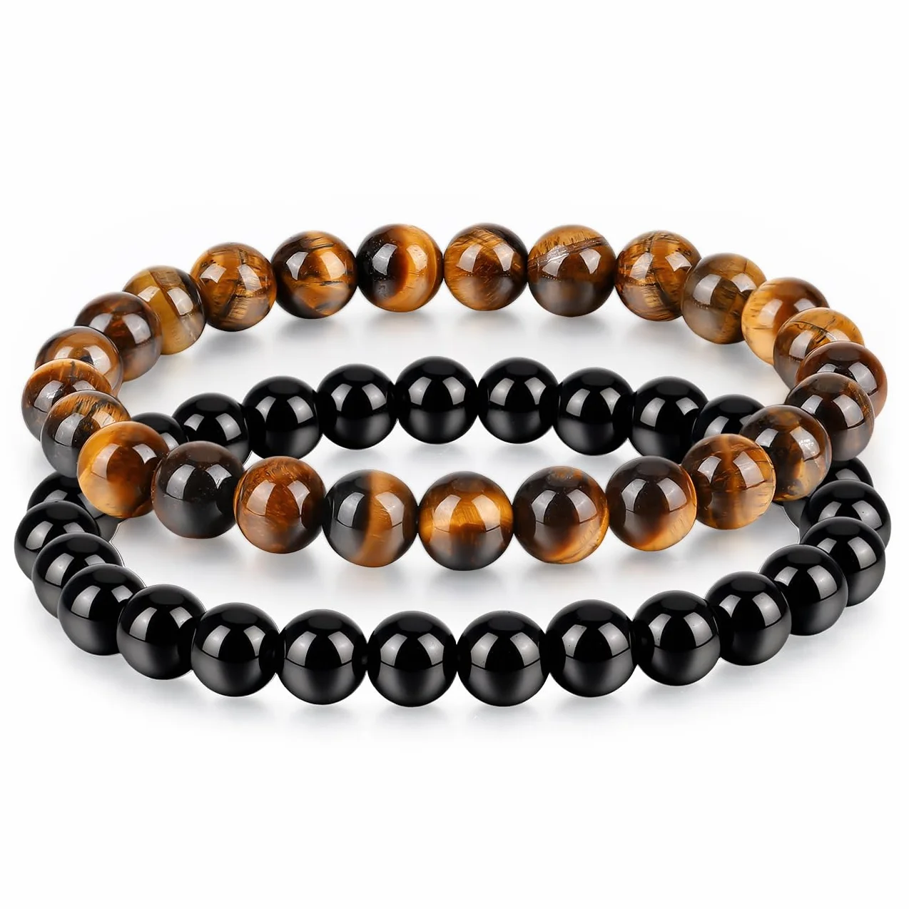 Emibele Crystal Bracelet, Obsidian Tigers Eye 8mm Round Bead Healing Jewelry for Positive Energy Anxiety, Gifts for Women Men Black Yellow
