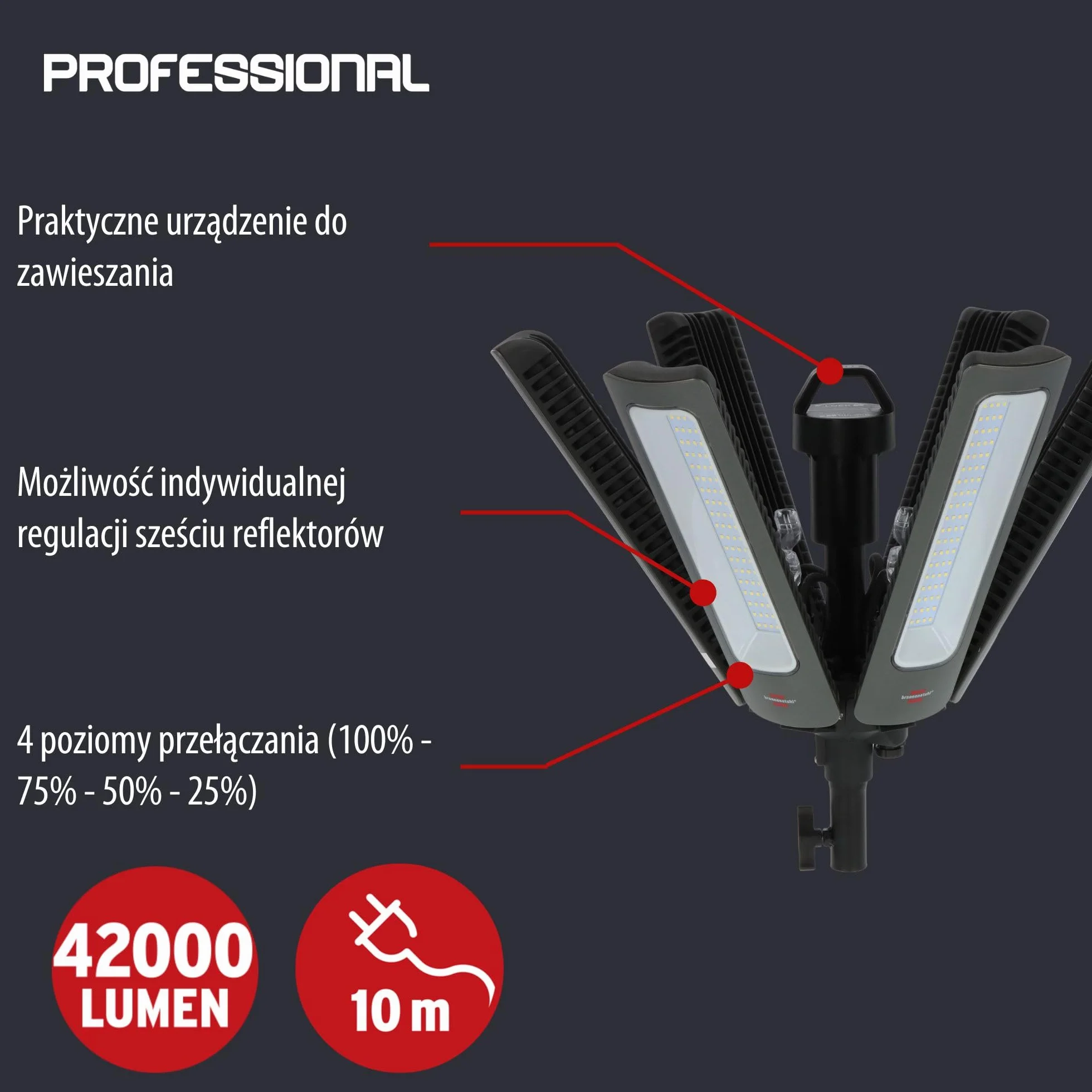 Brennenstuhl Professional 360° reflektor LED R42050 BT 300W (reflektor budowlany 42000lm z 6 indywidualnie regulowanymi reflektorami, z elementem sterującym, kabel RN 6,70 + 3,30 m, z Bluetooth)