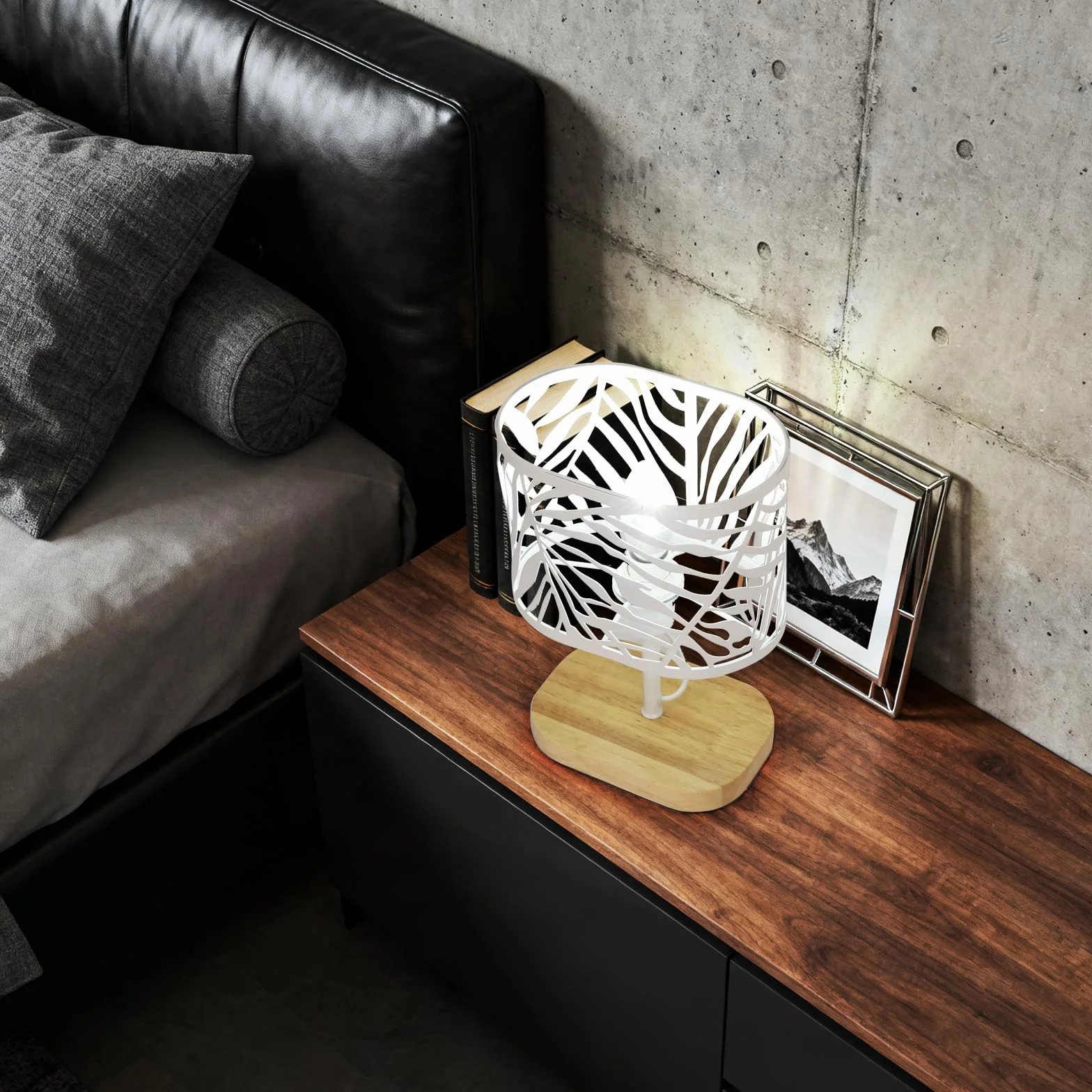 Comely Lampa Nocna, Lampa Biurkowa E14, Lampa Stołowa Nocna Z Drewnianą Podstawą I Metalowym Kloszem Do Sypialni Salonu Baru, Biały (Bez Żarówek)