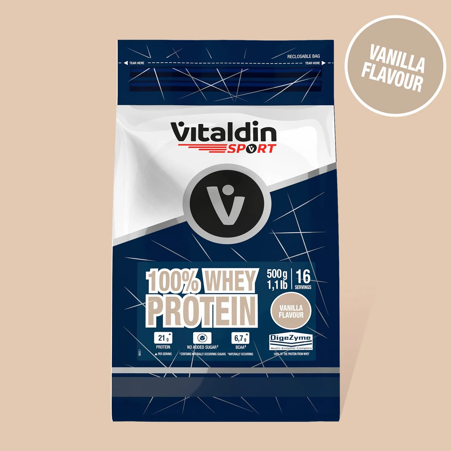 VITALDIN SPORT 100% Whey Protein Vanilla 500 g – 100% białko serwatkowe w proszku z Digezyme – budowa mięśni i regeneracja – smak waniliowy – 6,7 g BCAA na porcję – bez dodatku cukru