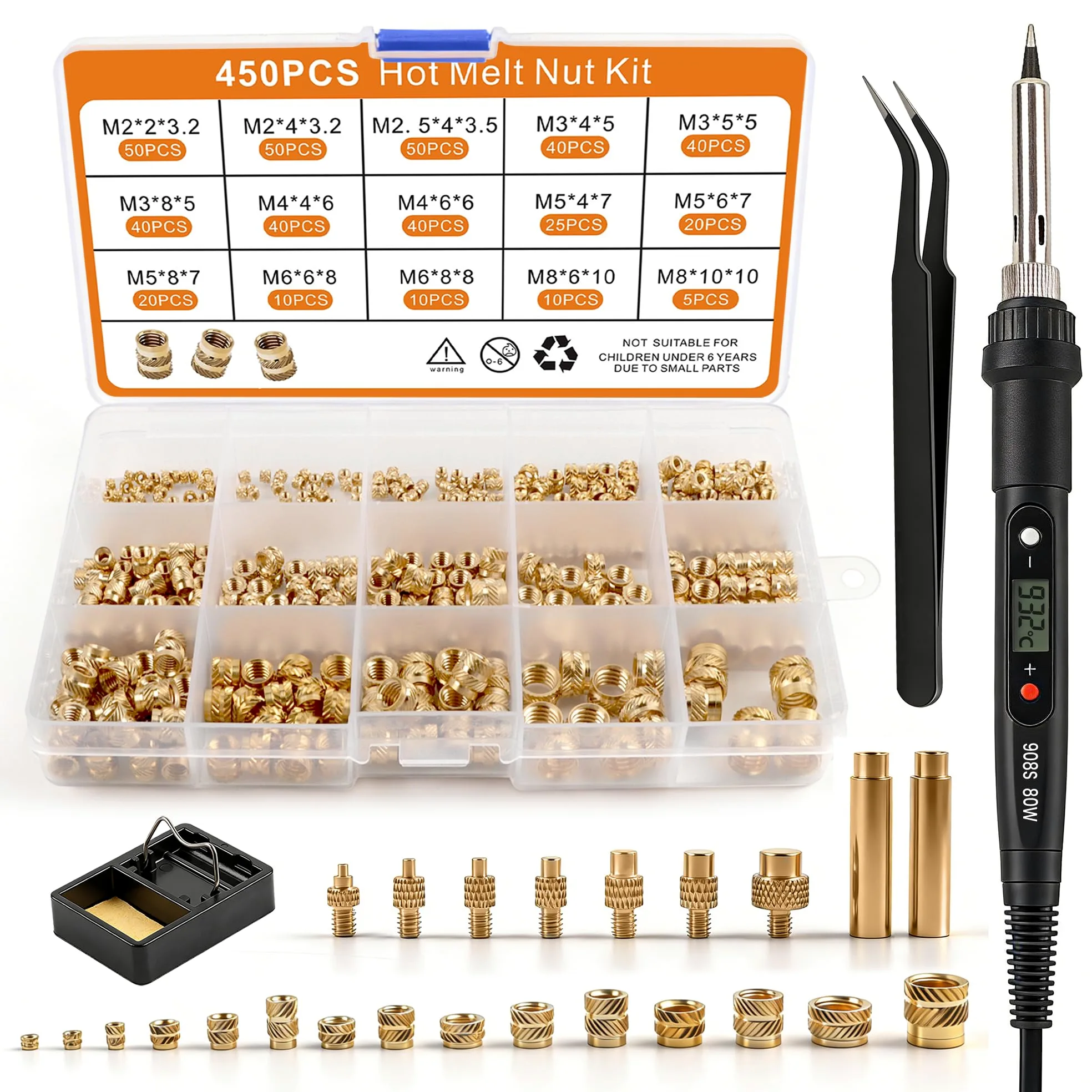 Zestaw 450 sztuk końcówek gwintowanych, LCD, regulowana temperatura, lutownica z 7 końcówkami lutowniczymi i 2 adapterami i stojakiem do lutownicy i pęsetą, 450 szt. końcówek gwintowanych M2 M2,5 M3