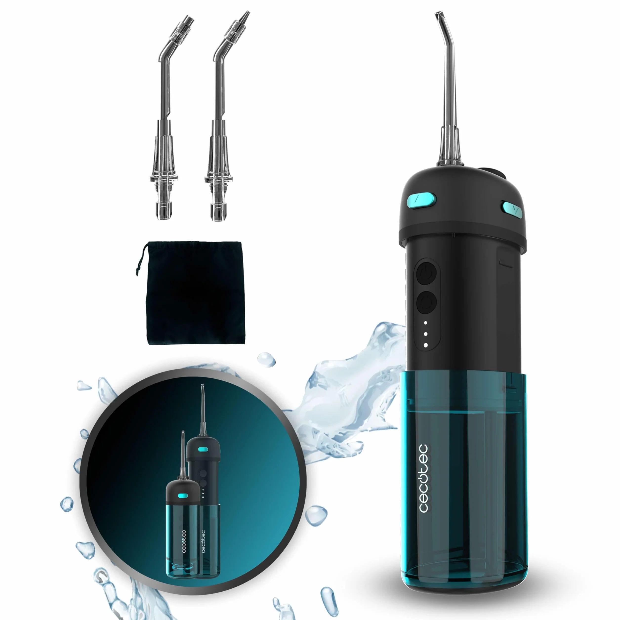 Cecotec Irygator dentystyczny Port Toothcare Jet Splash. Kompaktowy i lekki irygator podróżny z 3 trybami i do 8 intensywności, pojemność 150 ml i 2 wymienne dysze, IPX7, wodoodporny