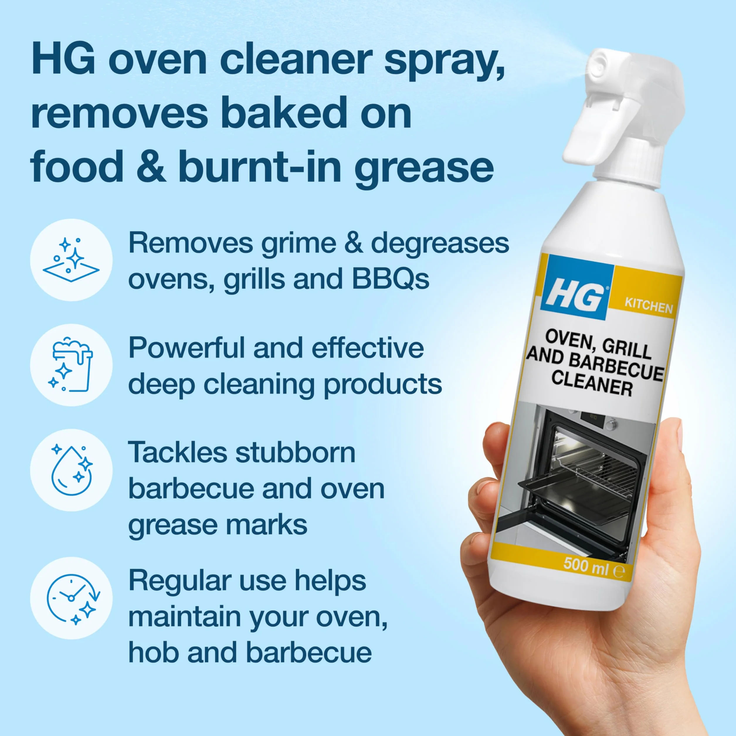 HG Spray do czyszczenia piekarnika, grilla i grilla, szybko usuwa pieczony na żywności i spalony tłuszcz, do kuchni i na zewnątrz (500 ml) - 138050106