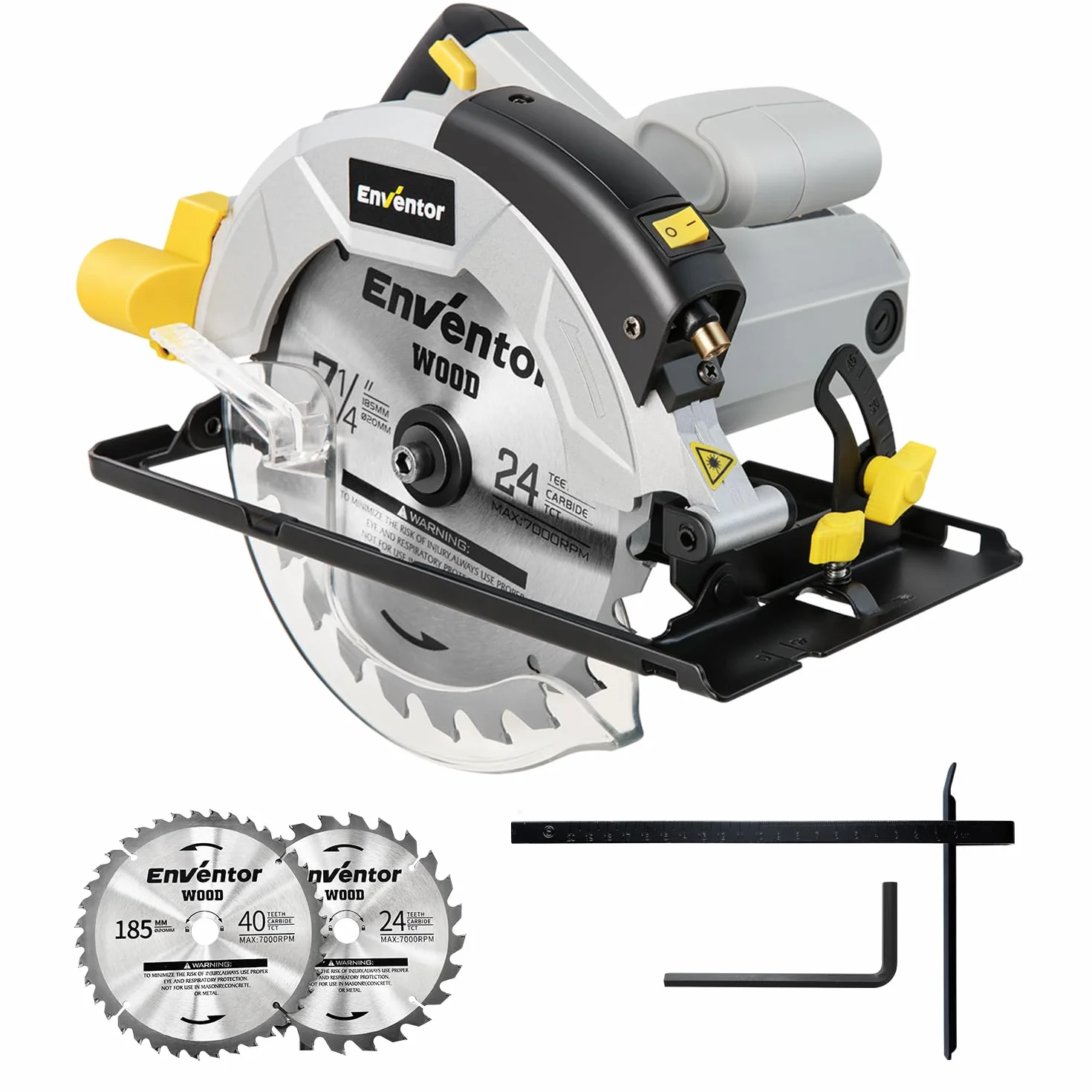 Enventor Piła tarczowa 1200W z szyną prowadzącą (średnica tarczy piły: 185 mm, zawiera 2 tarcze piły tarczowej, 5800 obr./min, z prowadnicą laserową, do drewna, miękkiego metalu, płytek
