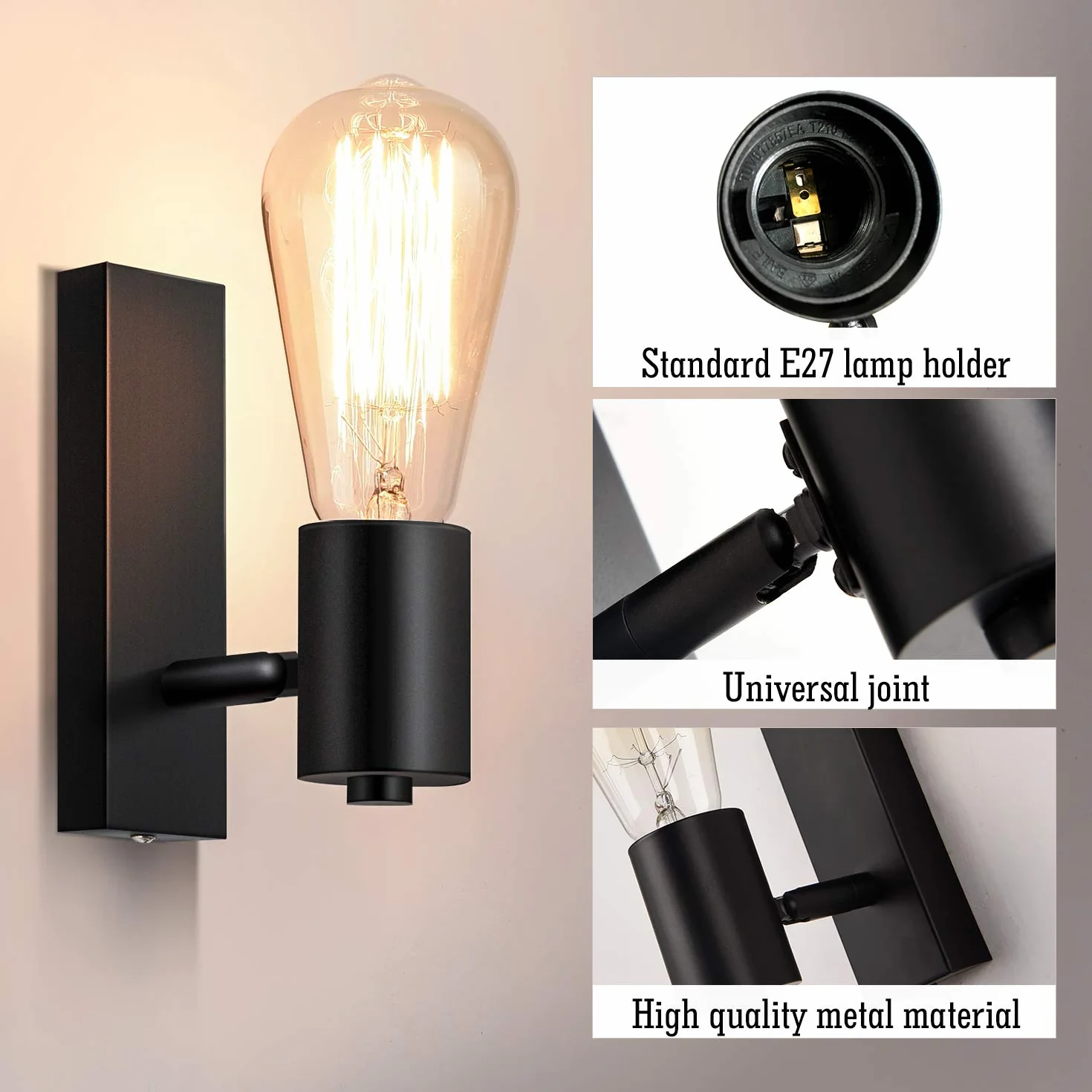 Lightess Kinkiet wewnętrzny, czarny retro, lampa ścienna E27, wychylna, vintage, reflektor ścienny, rustykalna lampa przemysłowa, oświetlenie ścienne do salonu, sypialni, jadalni, pokoju dziecięcego