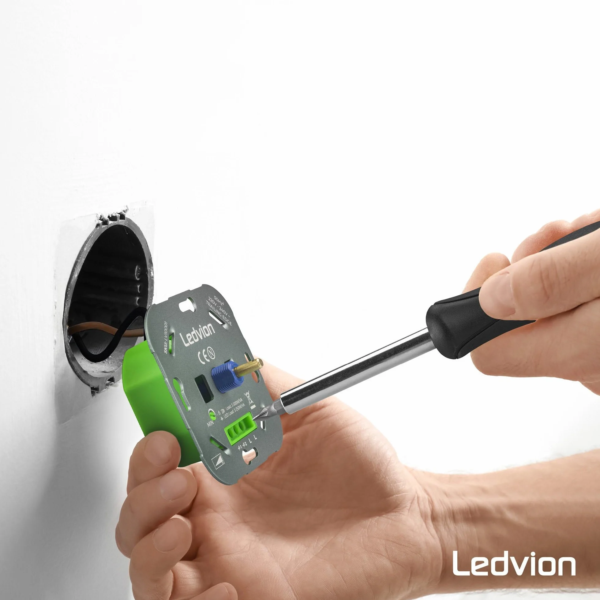 Ledvion Przełącznik ściemniacza LED, LED 3-250 W/halogenowe 3-300 W, biała pokrywa, cięcie fazowe, wbudowany obrotowy ściemniacz, wariator obrotowy LED