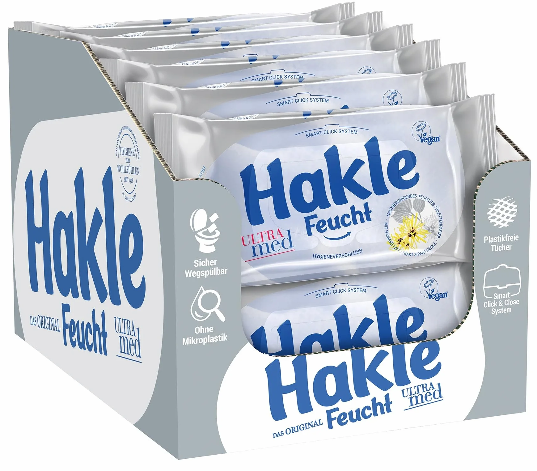 Hakle Wilgotny papier toaletowy Ultra Med, 12 sztuk (12 x 42 arkuszy), pielęgnujący wilgotny papier toaletowy, przyjazne dla skóry wilgotne chusteczki, szybko rozpuszczalne w wodzie chusteczki