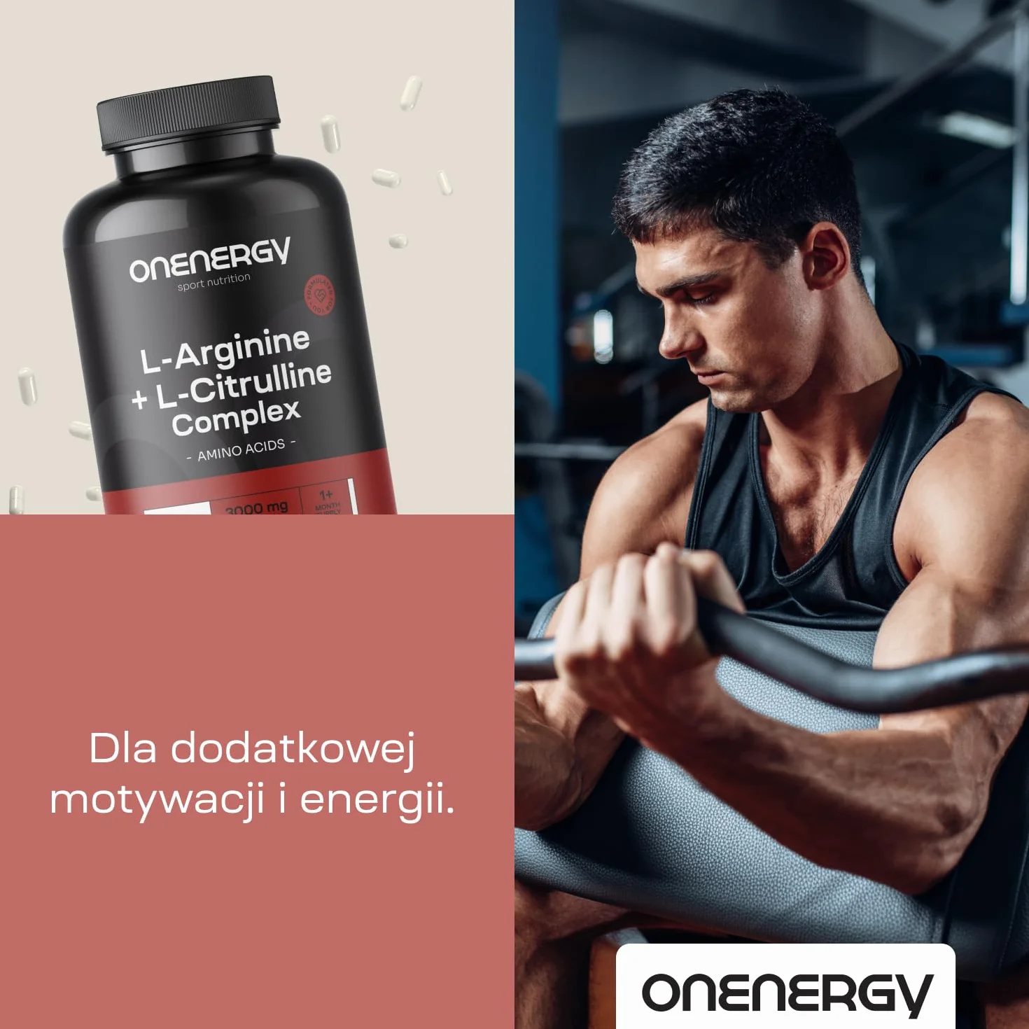L-arginina + L-cytrulina kompleks 3000 mg od OnEnergy - 250 kapsułek - Wysoka zawartość aminokwasów - Zwiększenie energii - Przyspieszenie regeneracji - Przed i po treningu