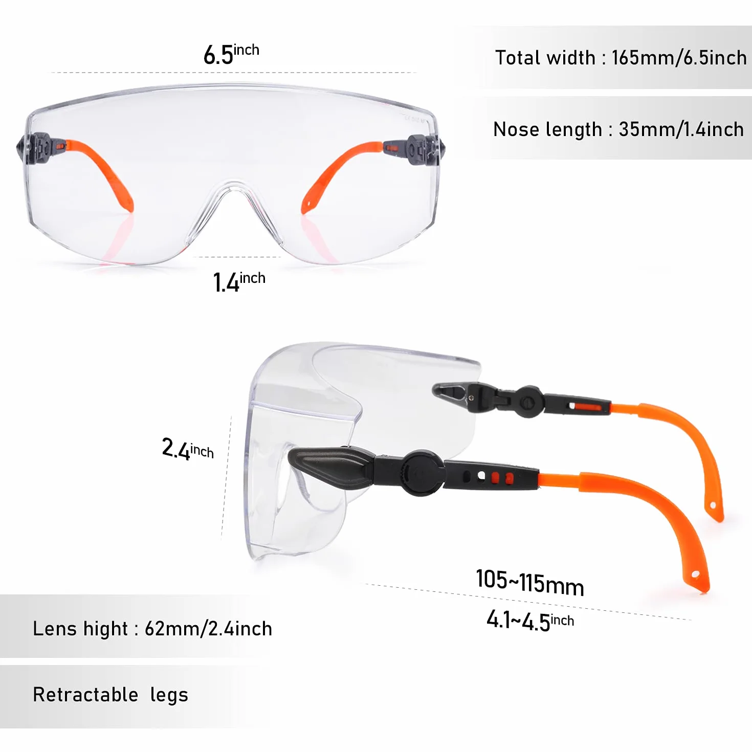 SAFEYEAR Okulary ochronne SG009 Okulary ochronne do oczu z przezroczystymi plastikowymi soczewkami i gumowymi uchwytami dla wygodnego dopasowania..