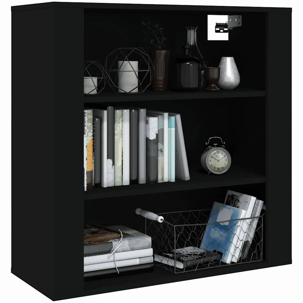 Szafka ścienna czarna z materiału drewnopochodnego 80 x 33 x 80 cm z 3 półkami, organizer do salonu, sypialni, kuchni i biura, do montażu na ścianie lub jako kredens