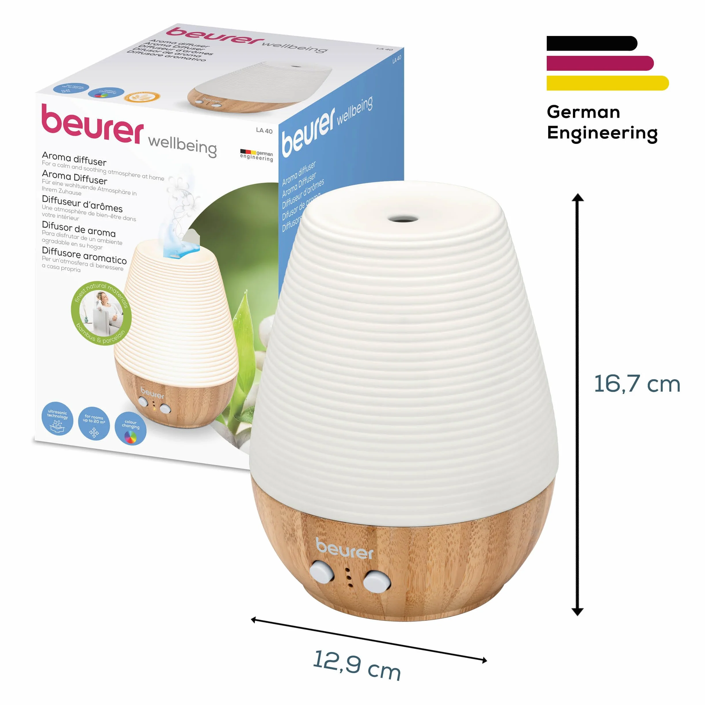 Beurer LA 40 Aroma Diffuser, nebulizator ultradźwiękowy ze światłem wellness, drewno