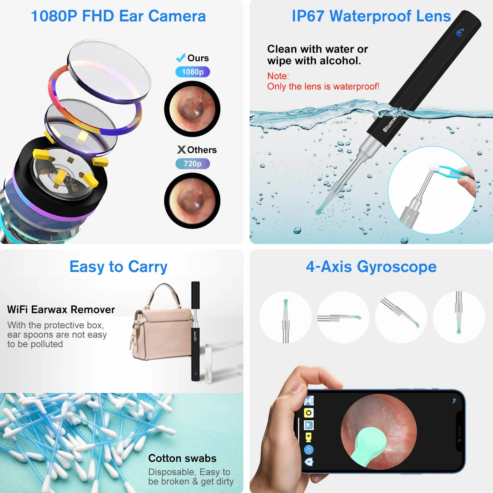 BlumWay Otoskop do ucha z WiFi 3,5 mm 1080p HD endoskop, urządzenie do czyszczenia uszu z 6 diodami LED, czyszczenie uszu, środek do usuwania woskowiny usznej, dla dzieci i dorosłych, z iOS, Android (czarny)