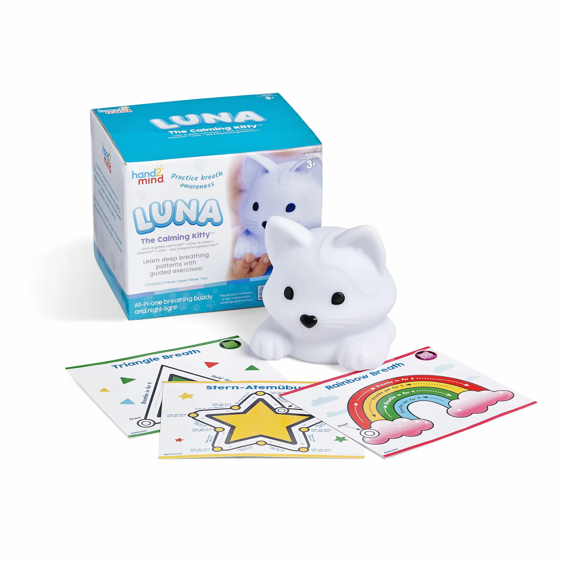 Learning Resources Kotek Luna The Calming Kitty, Nauka głębokiego oddychania, Lampka nocna w kształcie zwierzątka z możliwością ładowania, Łagodzenie lęku u dzieci, Uważność dla dzieci, 3+