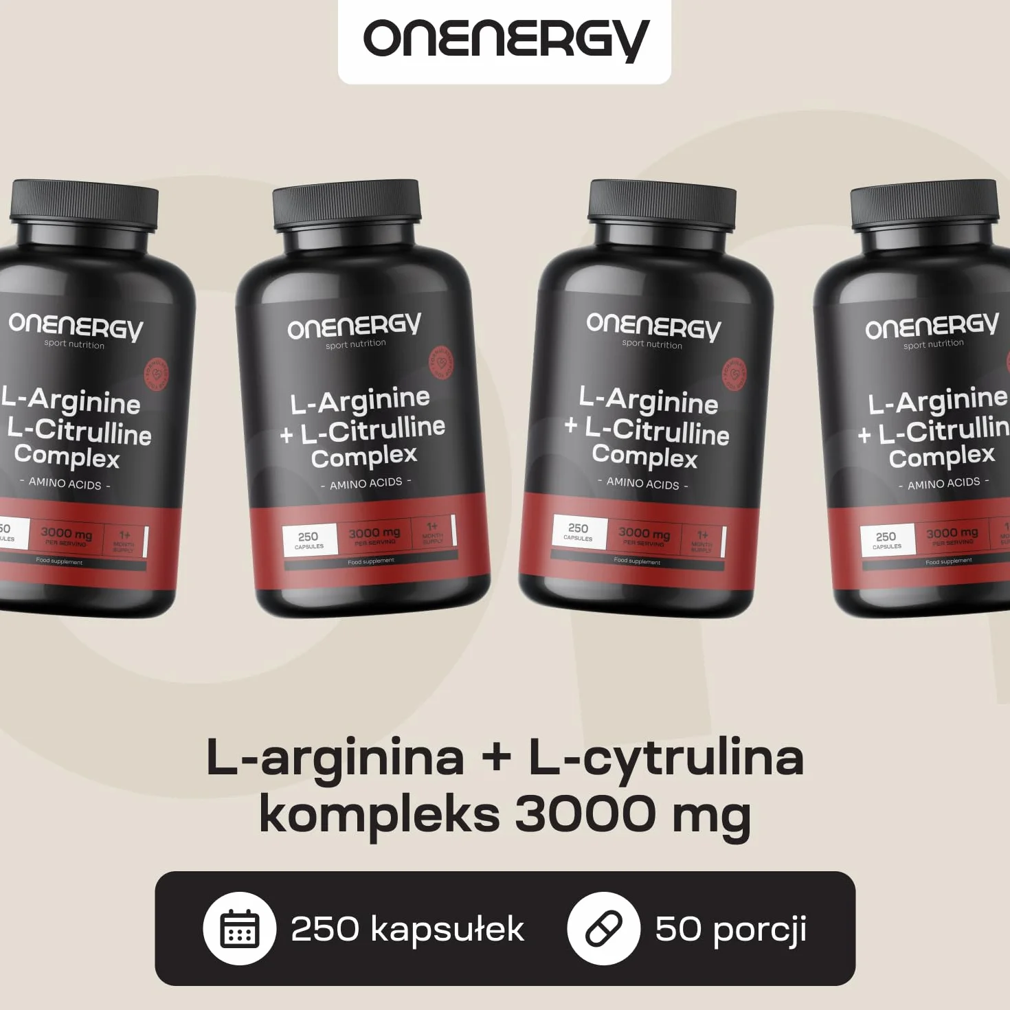 L-arginina + L-cytrulina kompleks 3000 mg od OnEnergy - 250 kapsułek - Wysoka zawartość aminokwasów - Zwiększenie energii - Przyspieszenie regeneracji - Przed i po treningu
